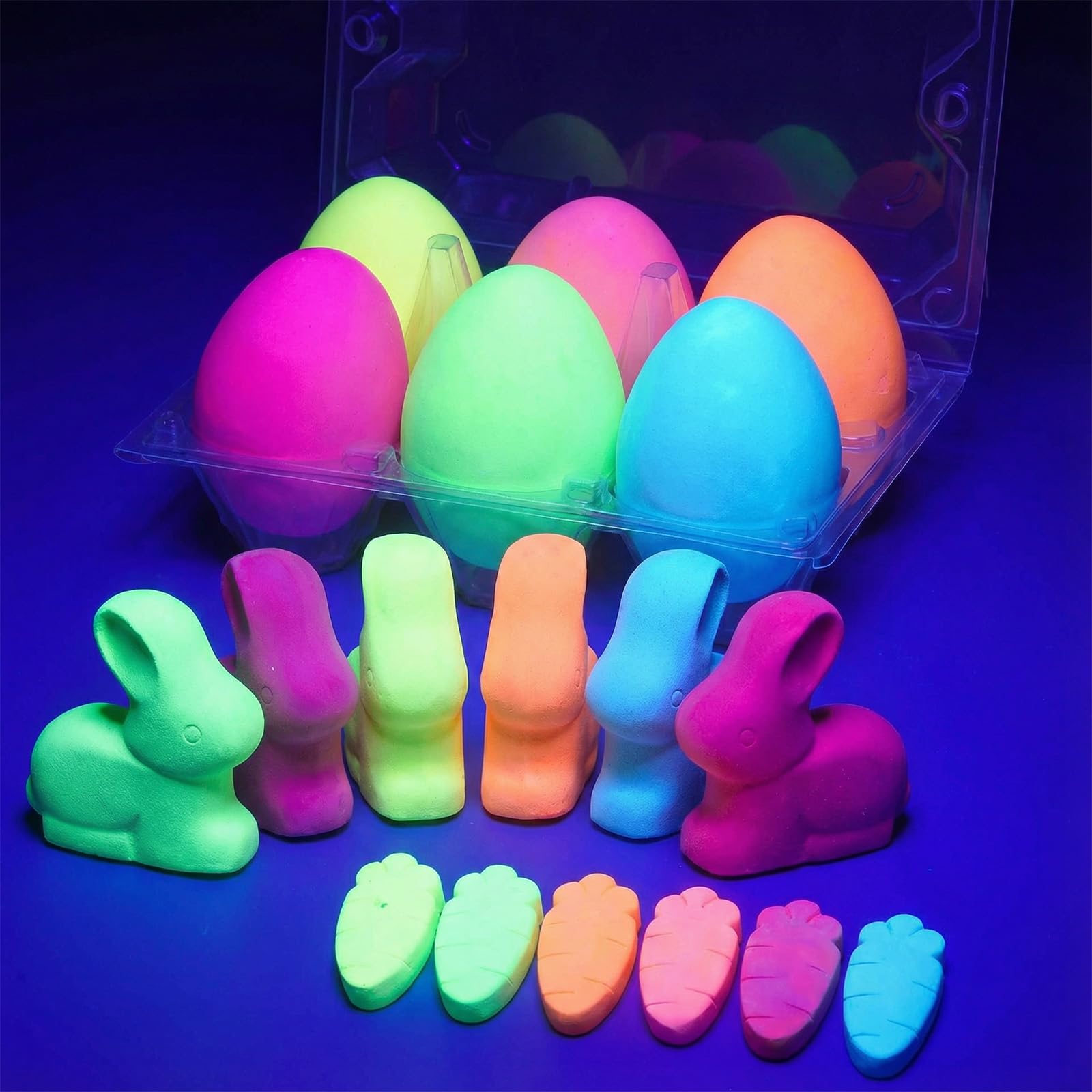 18 Pcs Easter Sidewalk Chalk Set Glow in The Dark Easter Eggs Carrots Bunnies Colorful Washable Dustless UV Chalk for Black Light Party Playground Chalkboard Outdoor Drawing Basket Stuffers Gifts