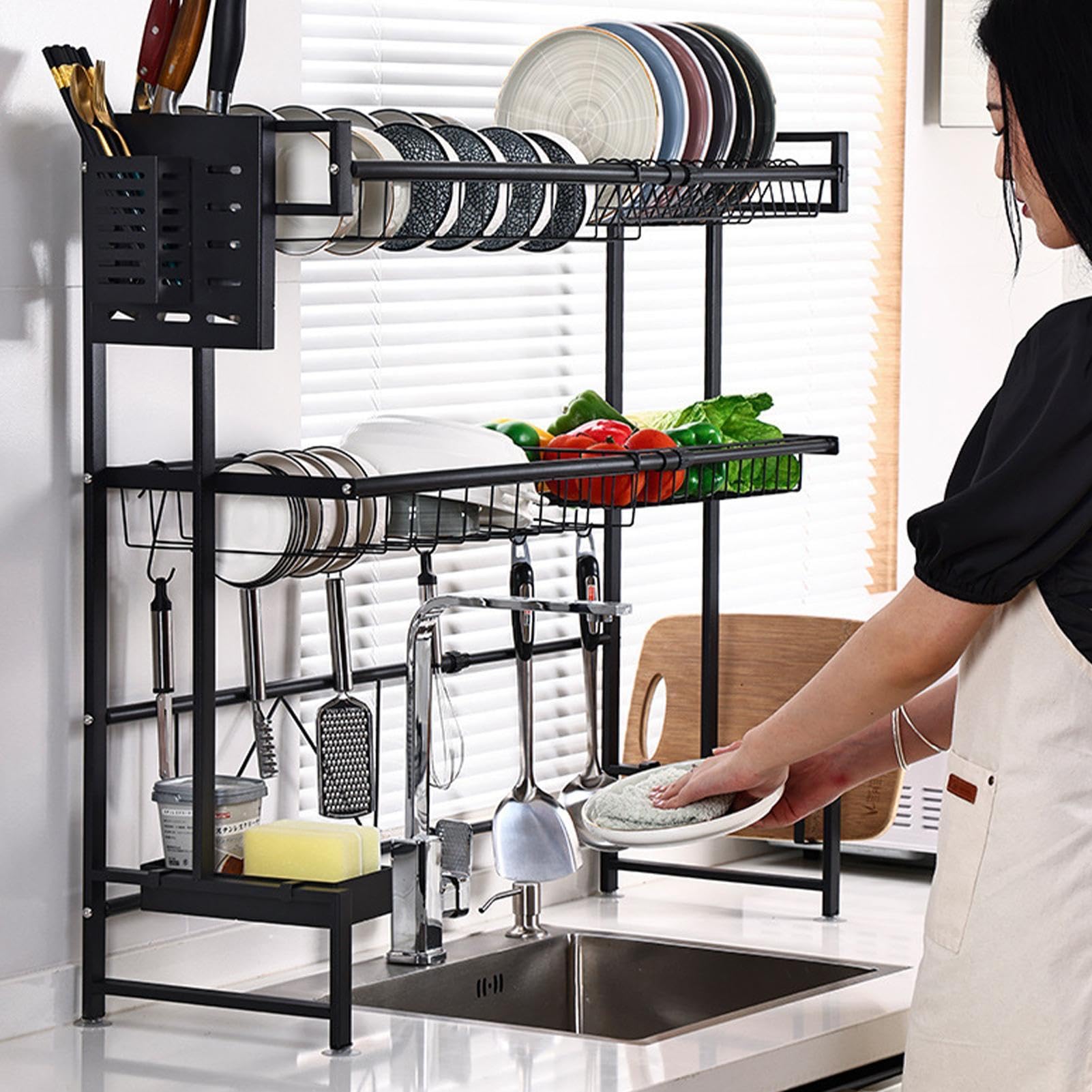 Escurridor de platos para encimera de cocina, escurridor de platos en | fregadero,Escurridor de platos retráctil de 2 niveles | Estante de fregadero de cocina de acero inoxidable, soporte de