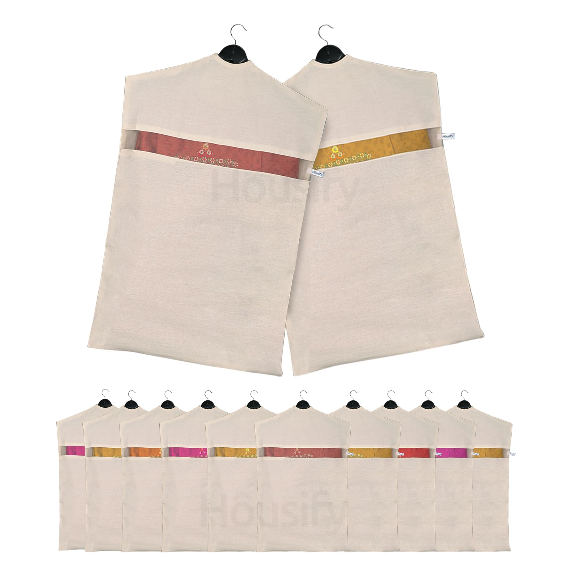 Hanging Cotton Saree Covers with Zip (Set of 12) of 30x 18 (Inches) For saree storage bags | Haniging Cotton Saree Cover/Bags for Saree/clothes (HANGERS ARE NOT INCLUDE WITH SAREE COVER) (12)