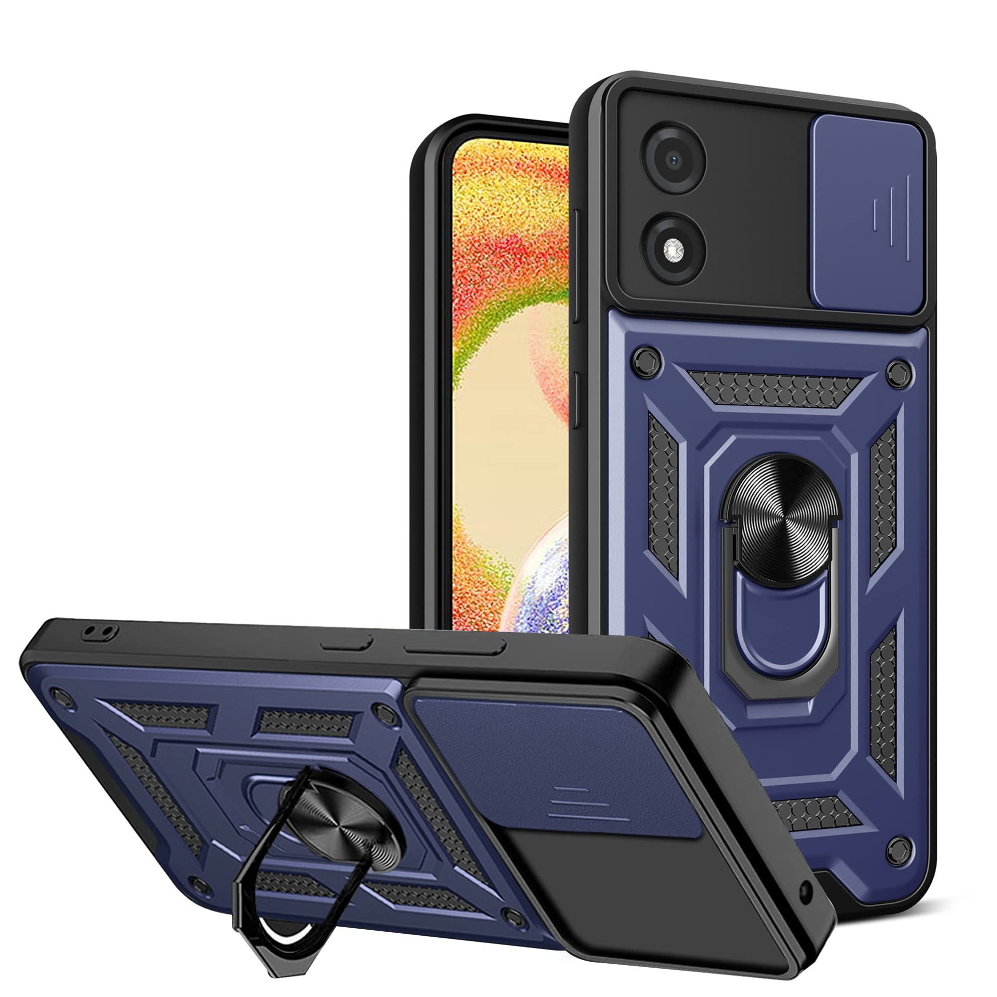 Custodia Per Motorola Moto E13 4G Con Protezione Fotocamera Scorrevole E Anello Supporto | Cover Anti-caduta Nera Con Supporto Magnetico Per Auto