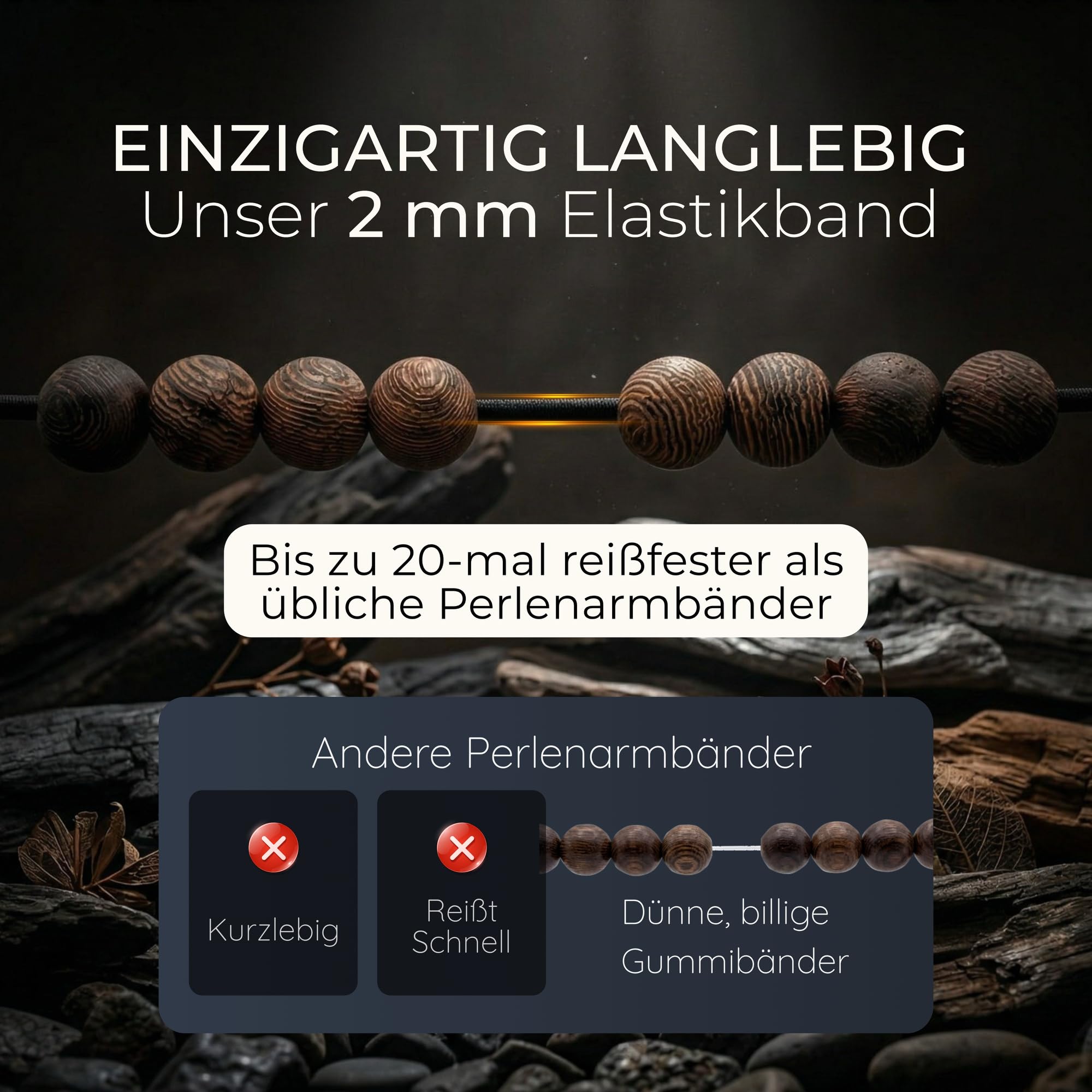 Perlenarmband Herren 10mm Edelstahl Naturstein Holz handgemacht in DE | Einzigartig reißfest & langlebig dank 2mm Elastikband, 888 Tage Garantie, edle Geschenkbox, gemeinnützige Spende