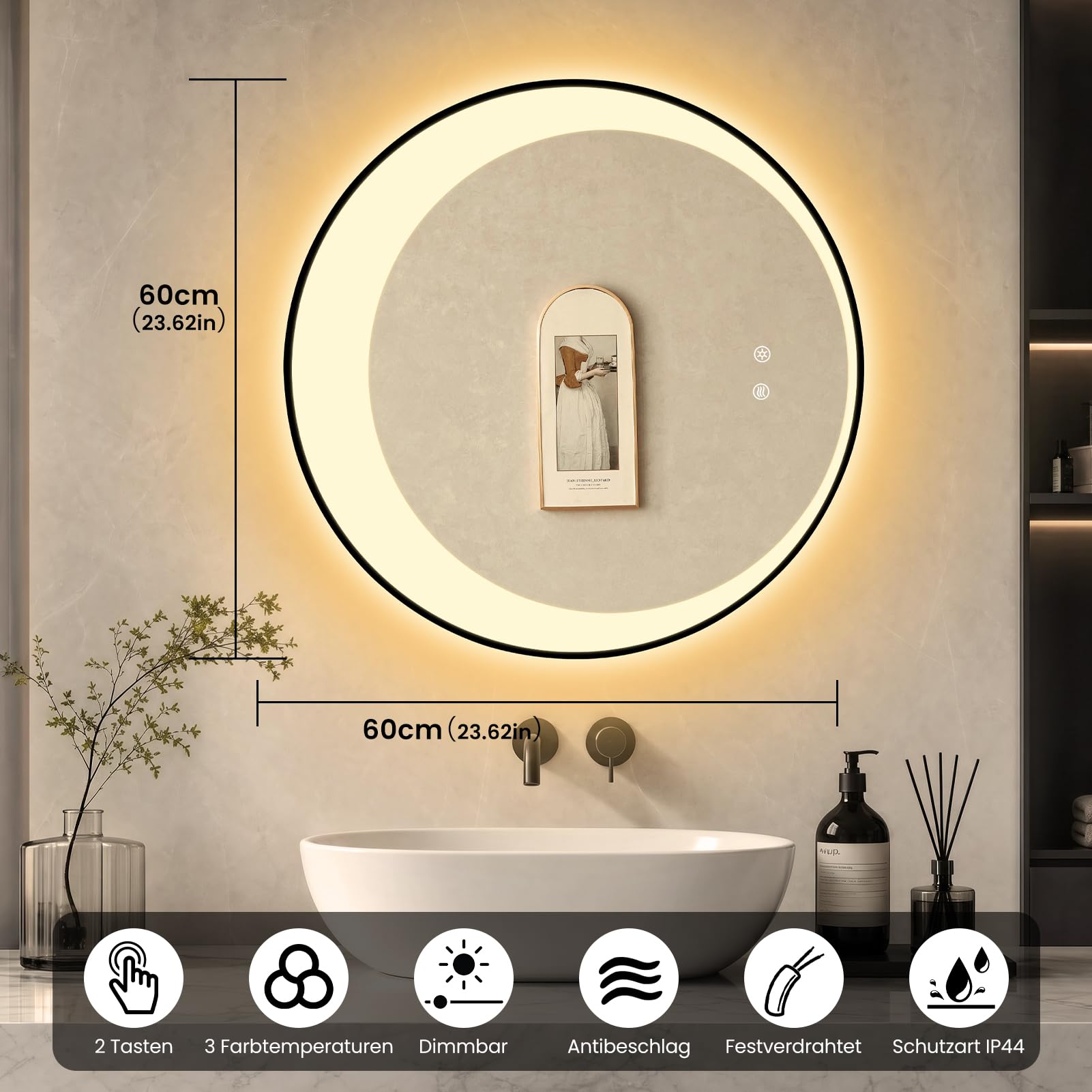 Badspiegel mit LED-Beleuchtung Rund 60x60cm Schwarzer Rahmen