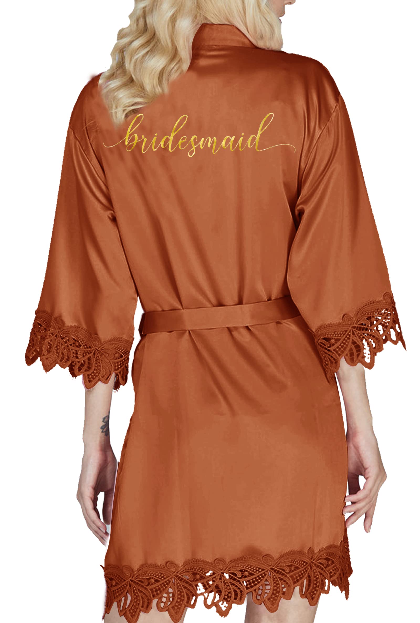 Y Wjing Yi Jia Women's Maple-B Robe Kimono Satin Bridesmaid Wedding Party Bridal Morning Silk Lace Trim Silky Dressing Gown Monograms