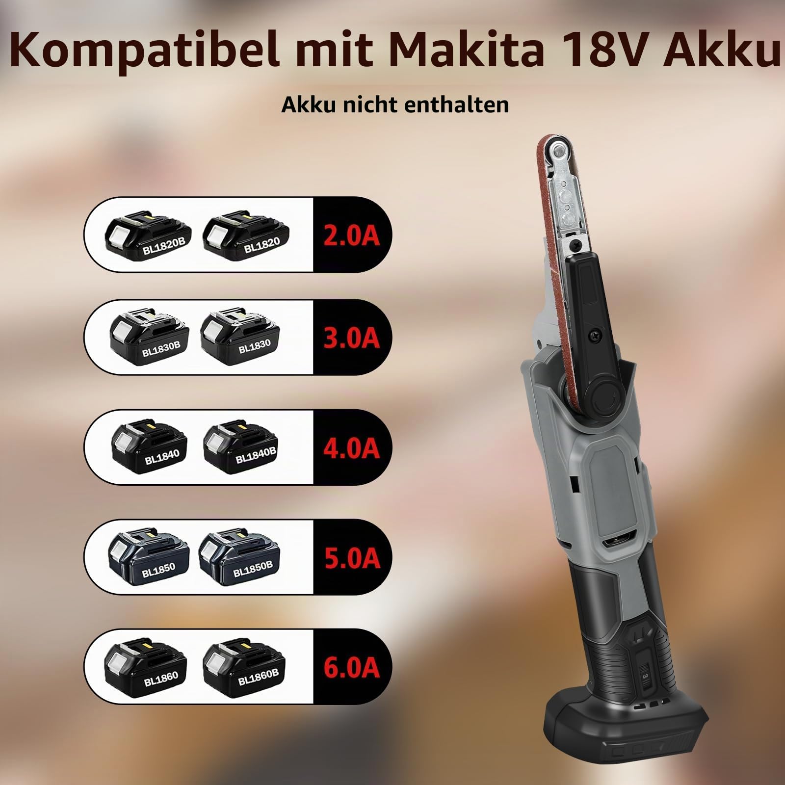 Akku Bandschleifer kompatibel mit Makita 18V Batterie, 10 x 330mm Elektrische Feile mit 3 Schleifbändern, 6 Geschwindigkeiten, 35° Einstellbare, Bandfeile für Holz Metall (ohne Akku) | Elektrische Feile mit 3 Schleifbändern, 6 Geschwindigkeiten, 35° Einst
