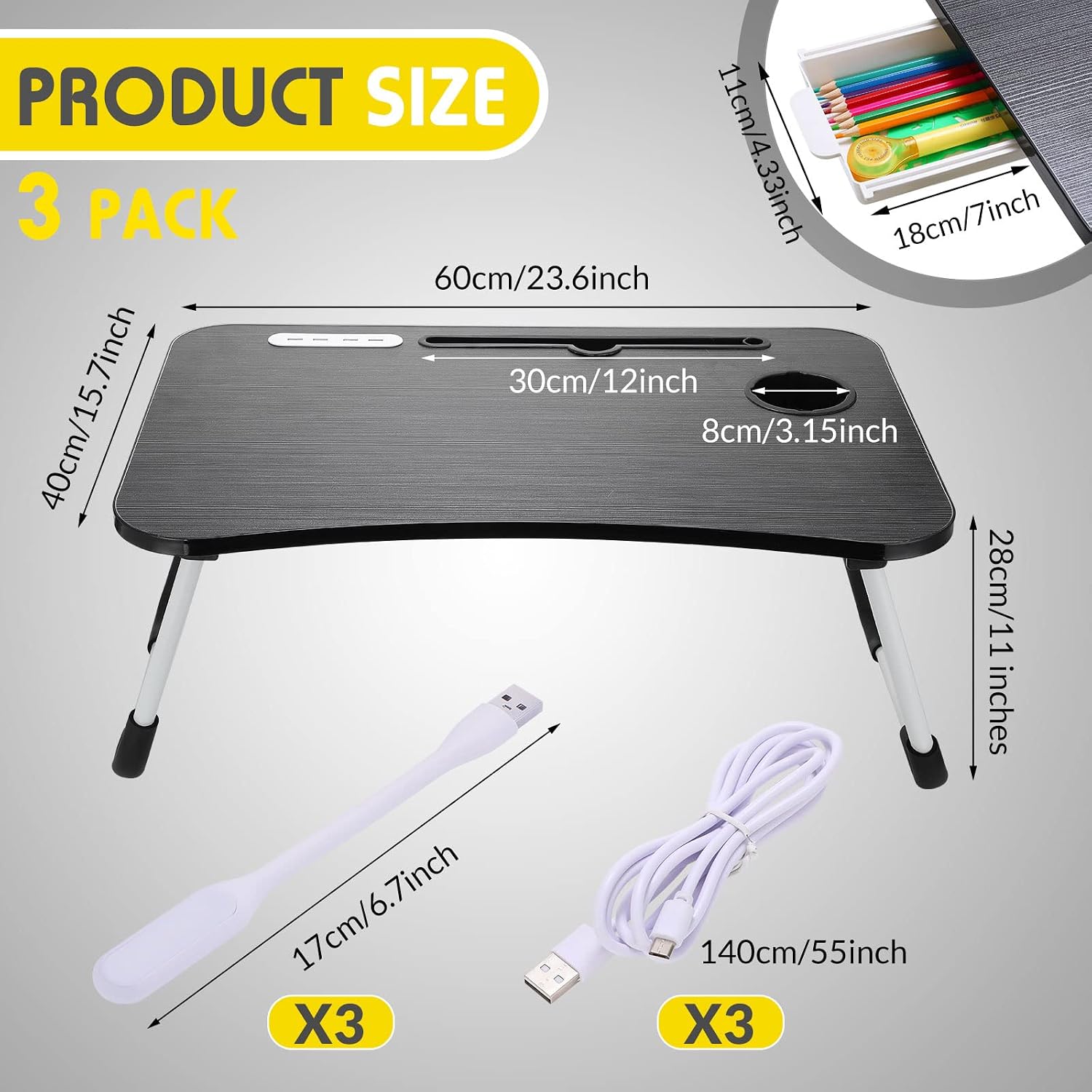 BBTO 3 Sets Foldable Lap Desks Laptop Bed Desk Tables 4 USB Port Laptop Desks Portable Laptop Stand Tray Table with USB Light Cable Cup Holder Storage Drawer for Bed Sofa Floor Working Reading
