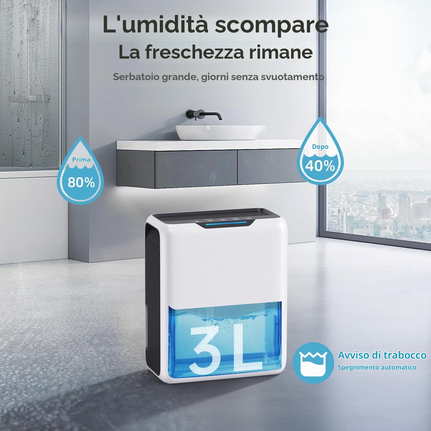 Deumidificatore 3000 ml, Silenzioso 30 dB, per Camera da Letto 20 m² | 800 ml/Giorno, 2 Velocità, Spegnimento & Sbrinamento Auto, Timer 24H, Modo Notte, per Camera da Letto, Bagno, Armadio