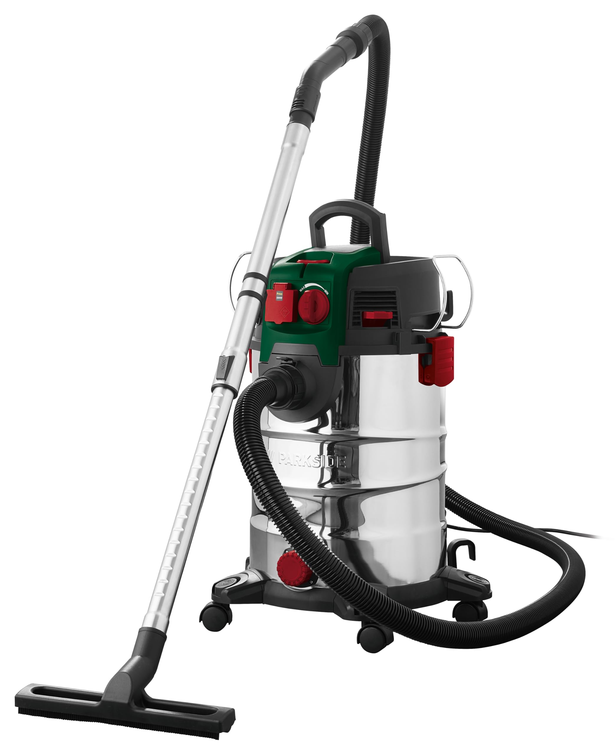 PARKSIDE Aspiratore Solidi e Liquidi 'PWD 30 C1' 1500W - Bidone Aspiratutto 30L, Acciaio Inox con Presa Integrata Sincronizzata per Elettroutensili Funzione Soffiante 260 Airwatt e Set Accessori