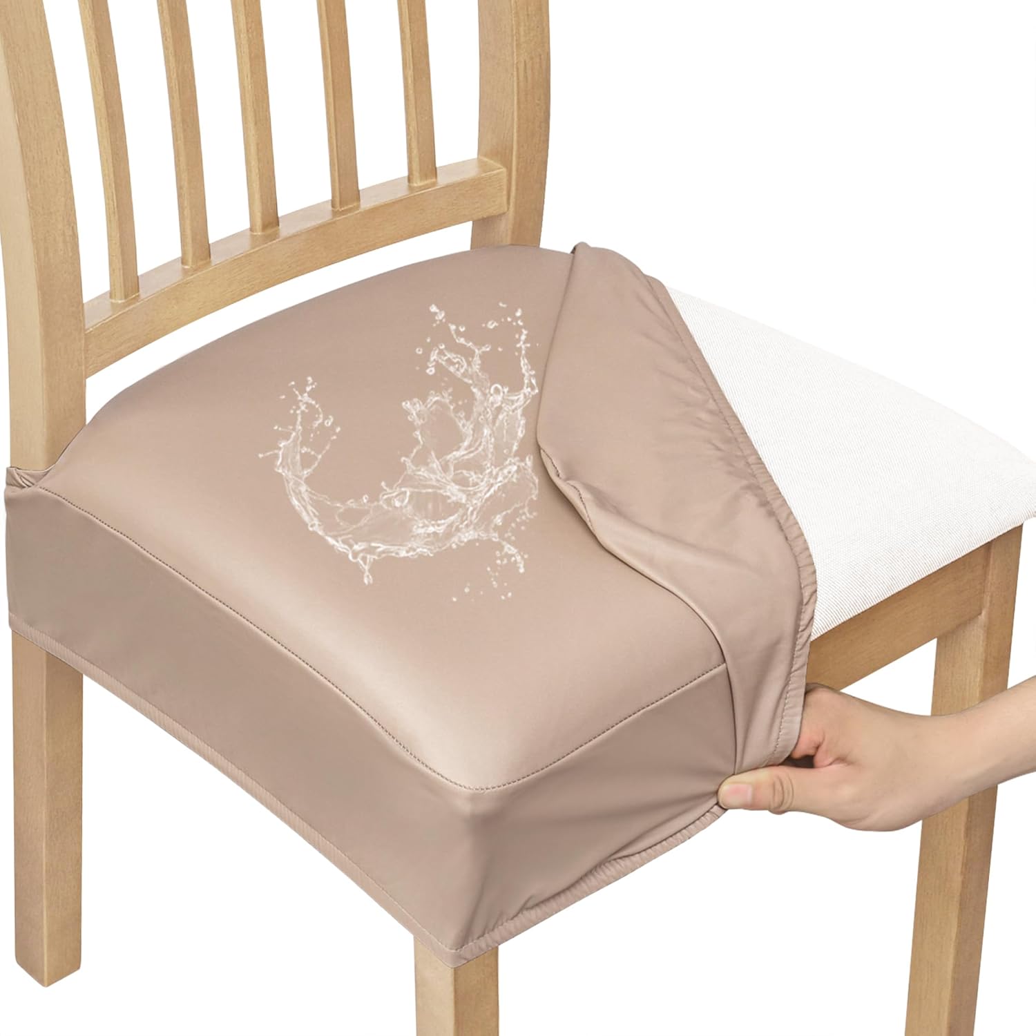 Smiry Waterproof Pu Leather Seat Covers for Dining Room Chairs Set of 4, Stretch Fit Removable Washable Kitchen Chair Seat Slipcovers Protector, No Rear Covers, Khaki