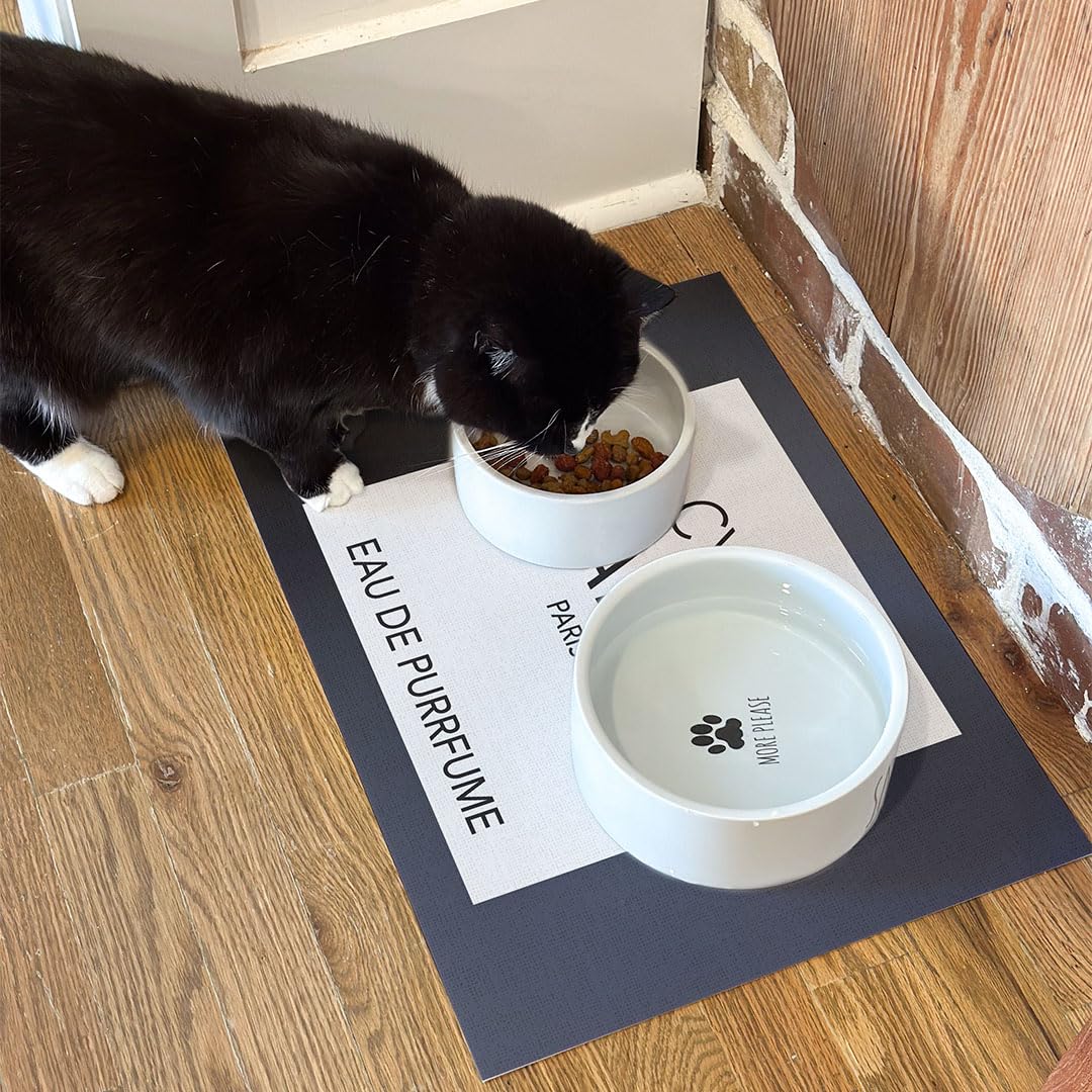 Personalized Pet Food Vinyl Rug with Name, Catnel 076935YECU, Custom Cat Feeding Vinyl Floor Mat, Decorative Black Floor Covering, Waterproof, Eco-Friendly, Non-Slip
