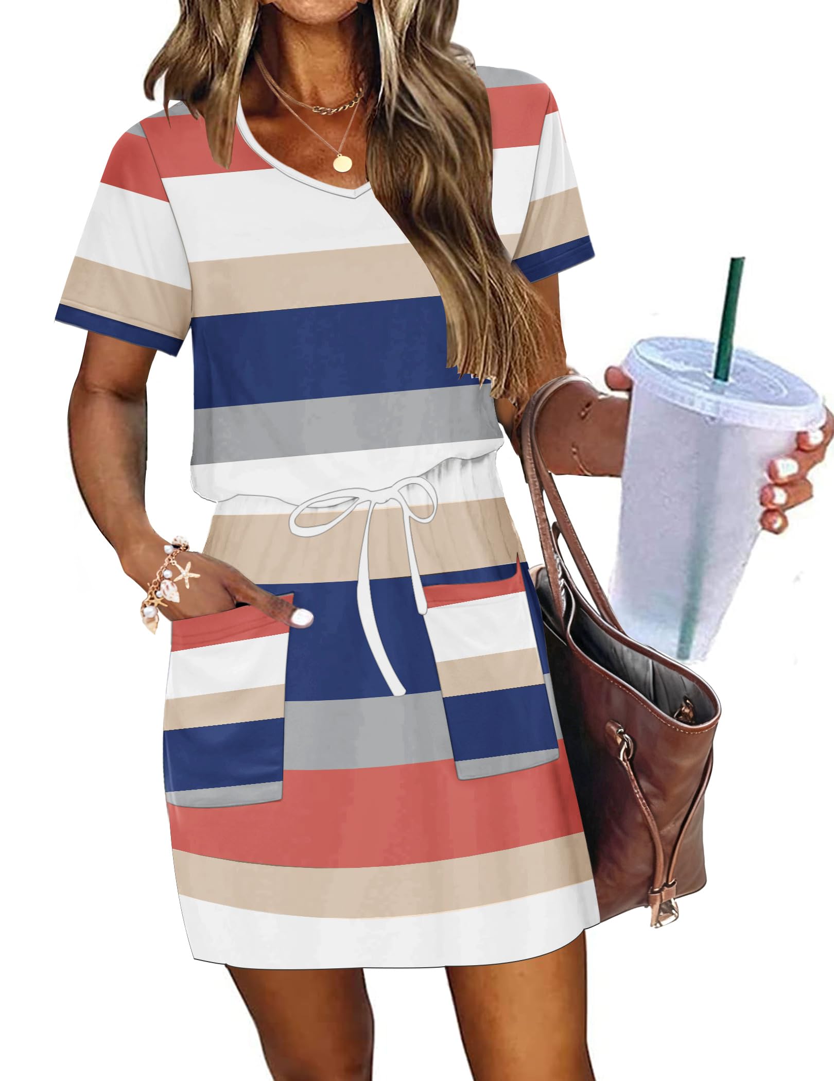 AUSELILY Womens Summer Dresses 2026 Causal Short Sleeve V Neck Tie Front Mini Short Dress with Pockets