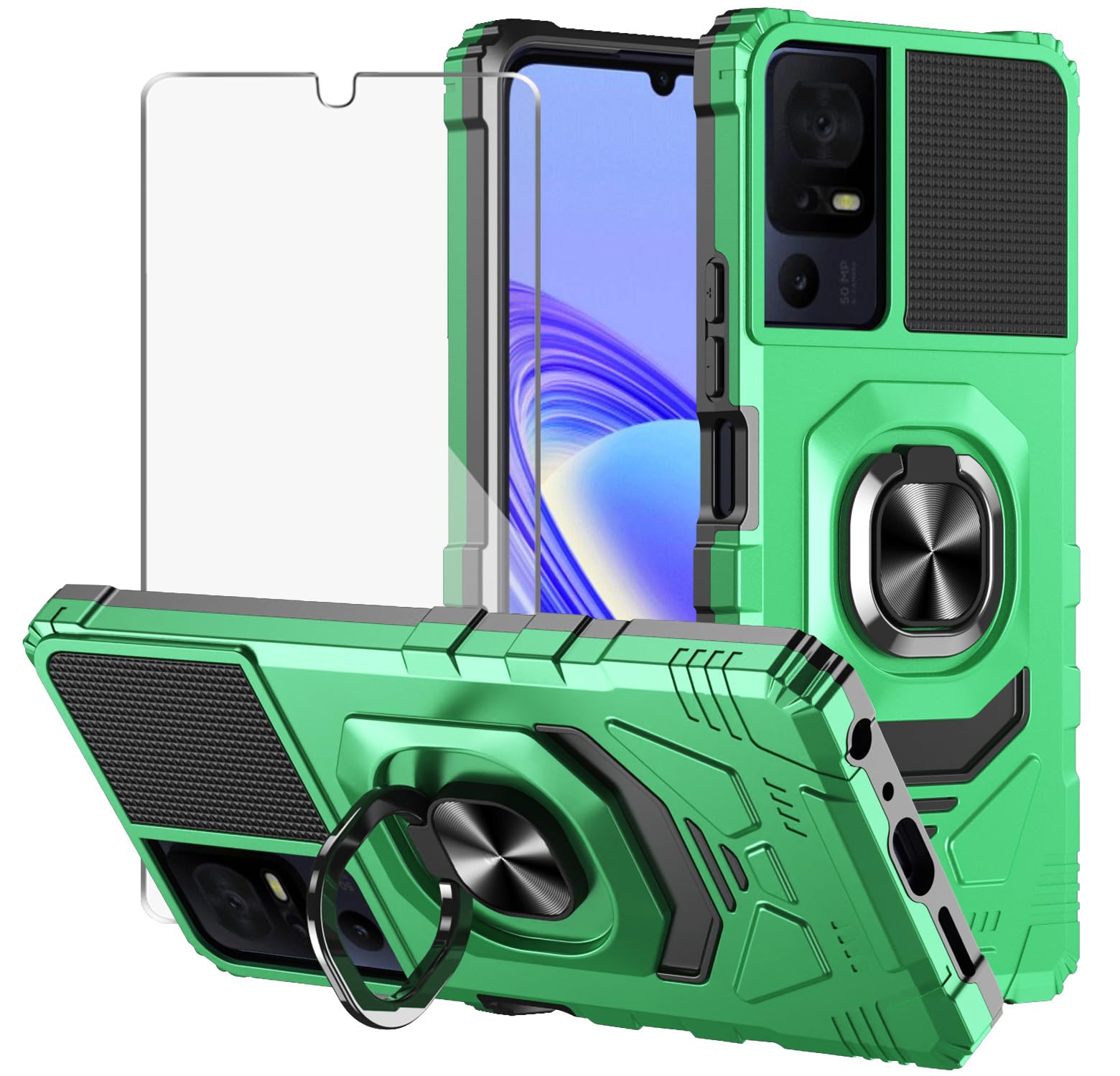 for TCL 505 Case with Tempered Glass Screen Protector Protection Cover Shockproof Heavy Duty [Military-Grade] Rugged Phone Case with Kickstand for TCL 505 (green)