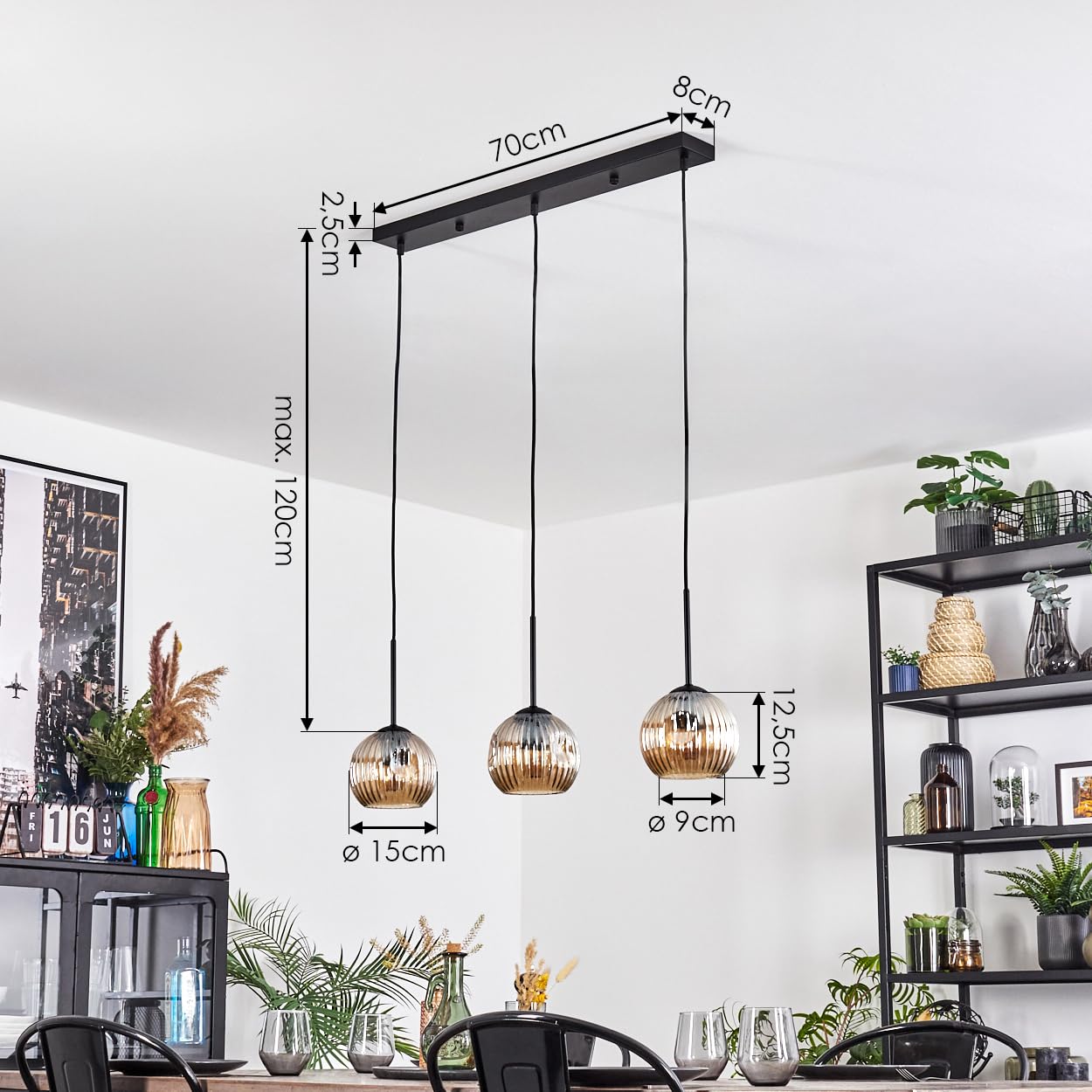 HOFSTEIN Hängeleuchte Ripoll, 3-flammige Hängelampe aus Metall/Riffelglas in Schwarz/Bernsteinfarben, Pendelleuchte im Retro/Vintage-Design (Schirme Ø 15 cm), E27, Esszimmer, Wohnzimmer, Küche