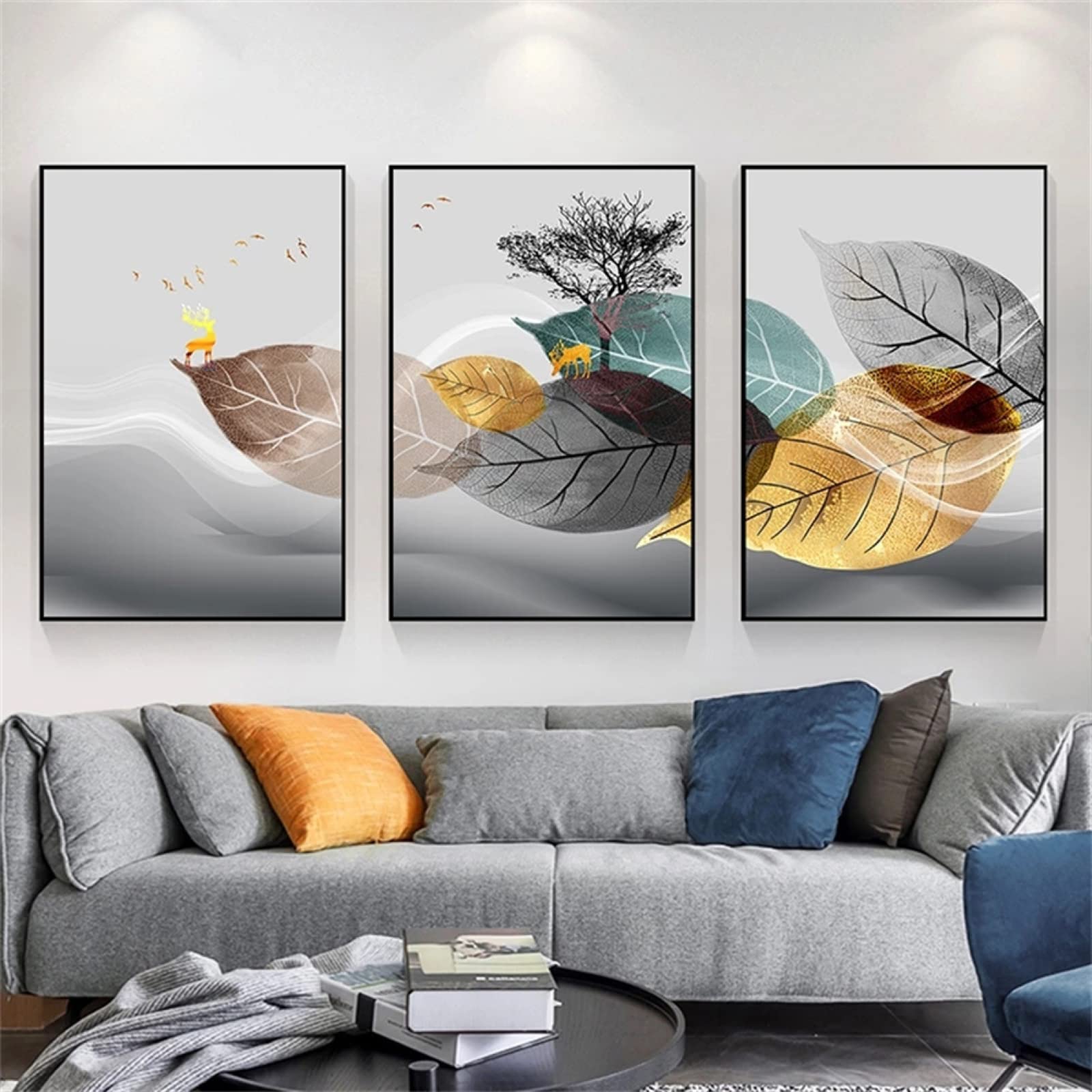 5D Diamond Painting Kits Completo, 3 Pezzi Foglie Astratte Del Blu Dell'Oro Grigio 35x45cm Fai da Te Pittura Diamante, DIY Strass Ricamo Pittura a Punto Croce Arte Mestiere per Decorazione Parete Casa