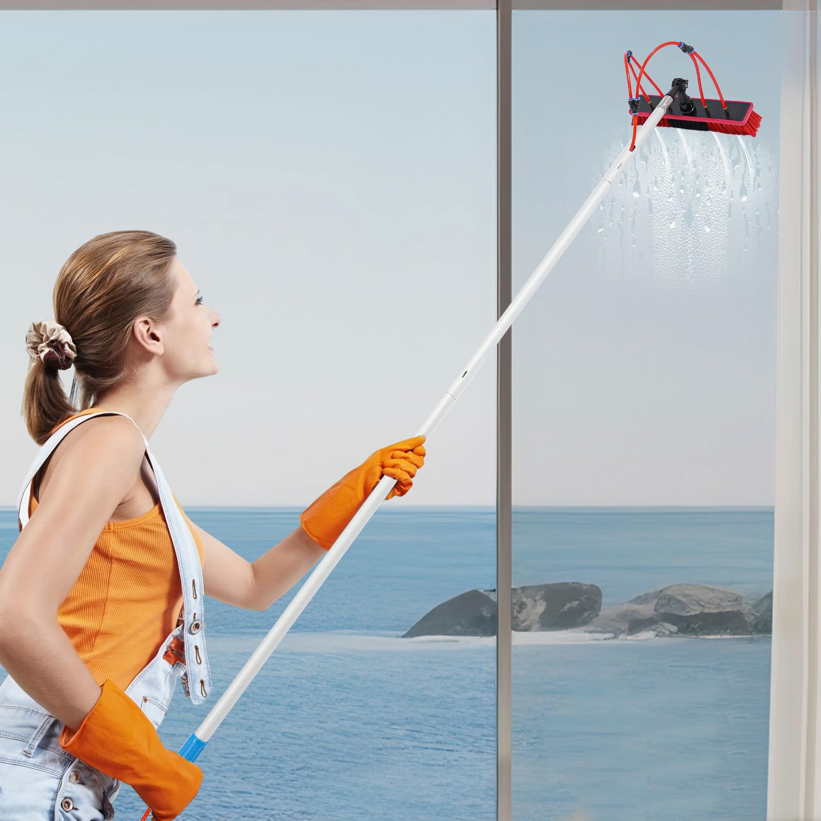 Cepillo de lavado con mango telescópico, 5 metros, cepillo telescópico con conexión de agua, cepillo de limpieza extensible de aluminio para instalaciones fotovoltaicas, ventanas, caravanas