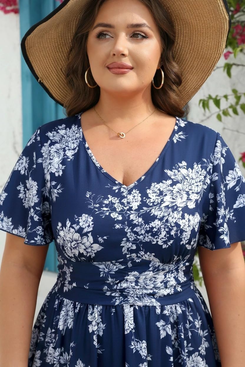 Women's Plus Size Summer V Neck Long Dresses Short Sleeve A Line Ruffle High Waist Flowy Casual Dress - Image 6