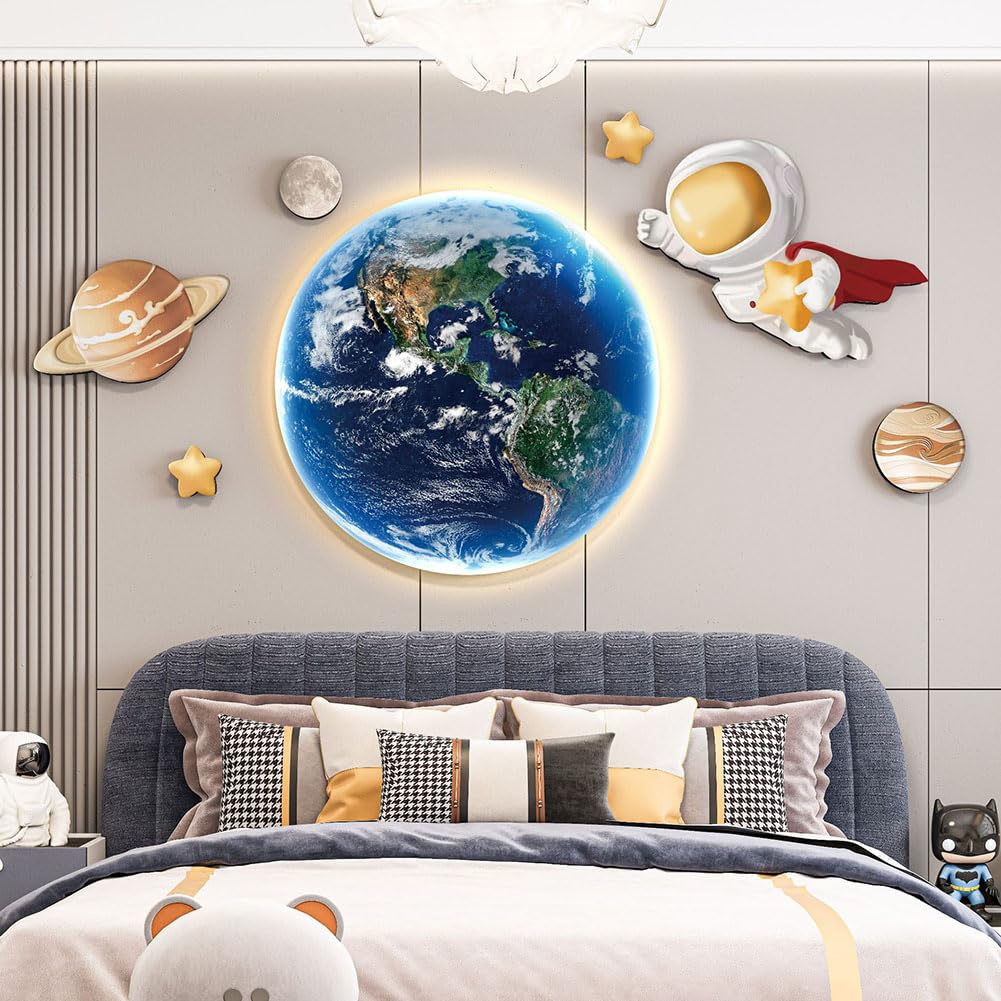 Lampa Ścienna LED Moon Pokój Dziecięcy Ściemnialna z Pilotem Okrągła Wewnętrzna Ziemna Kinkiet Dziecięca Lampka Nocna Księżycowa Lampy Nocna Nowoczesna Dekoracyjna Lampka Ścienna,50CM