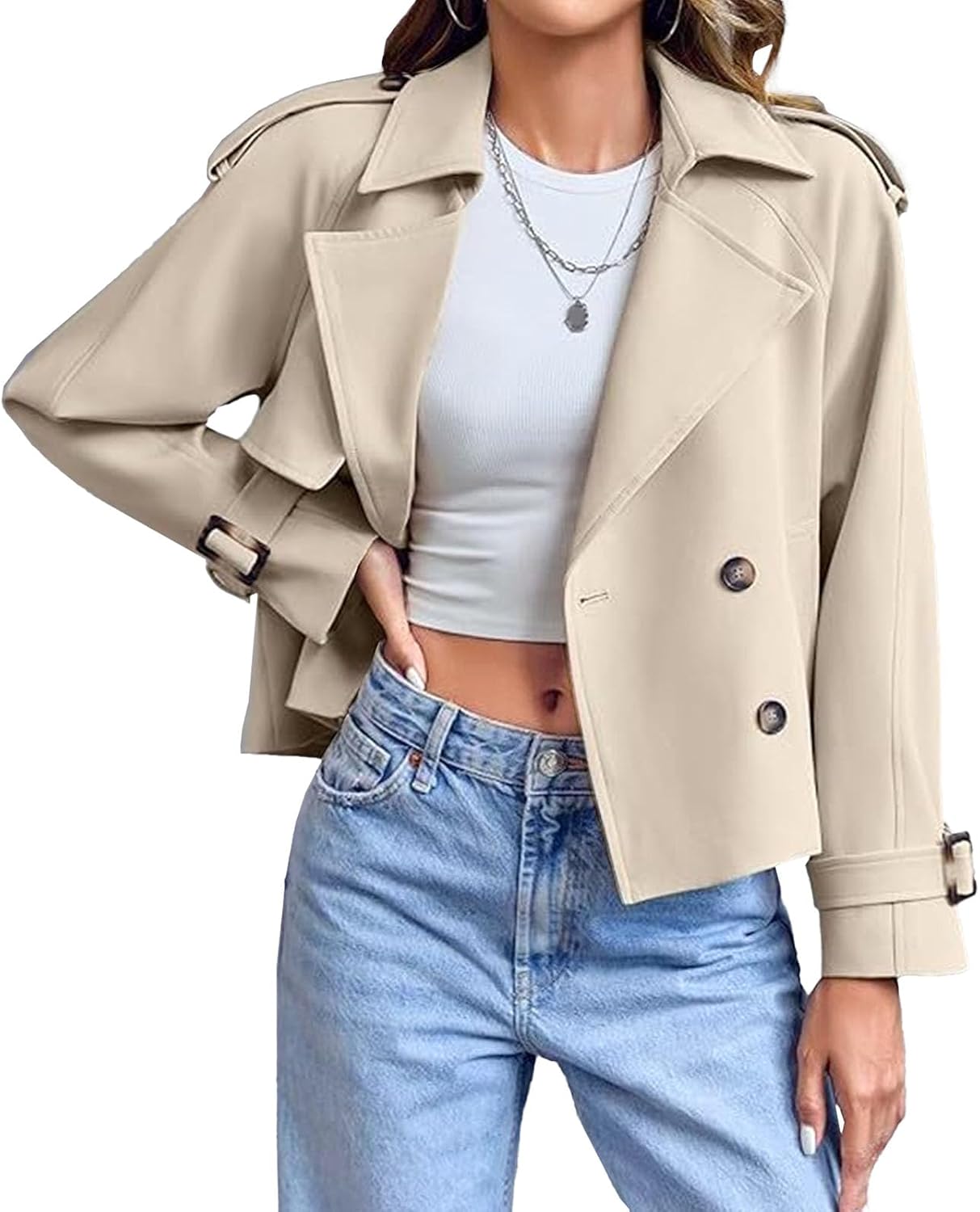 Women Crop Double Breasted Trench Coat Raglan Sleeve Work Office Casual Cropped Jacket with Pockets 2026 Trendy