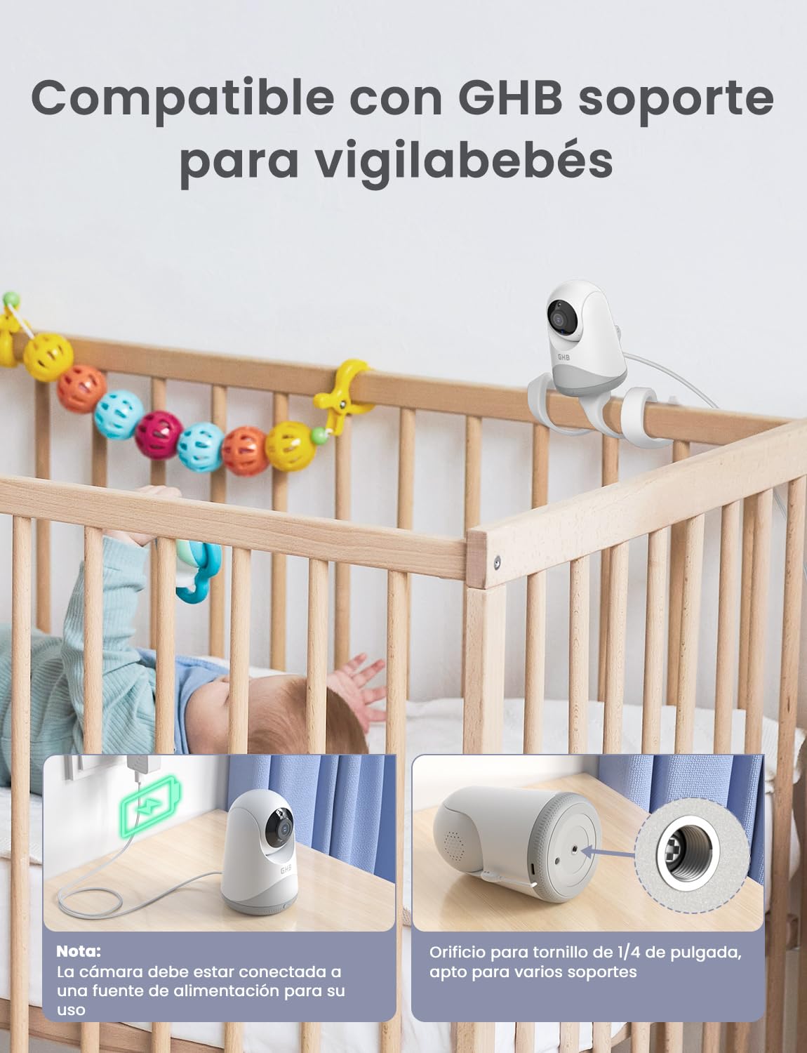 GHB Camara Vigilancia Bebe 5" 720P HD IPS Rotación de 350° Vigilabebes con Camara con Luz Nocturna Ajustable Soporta 4 Cámaras Comunicación Bidireccional Escucha Bebes