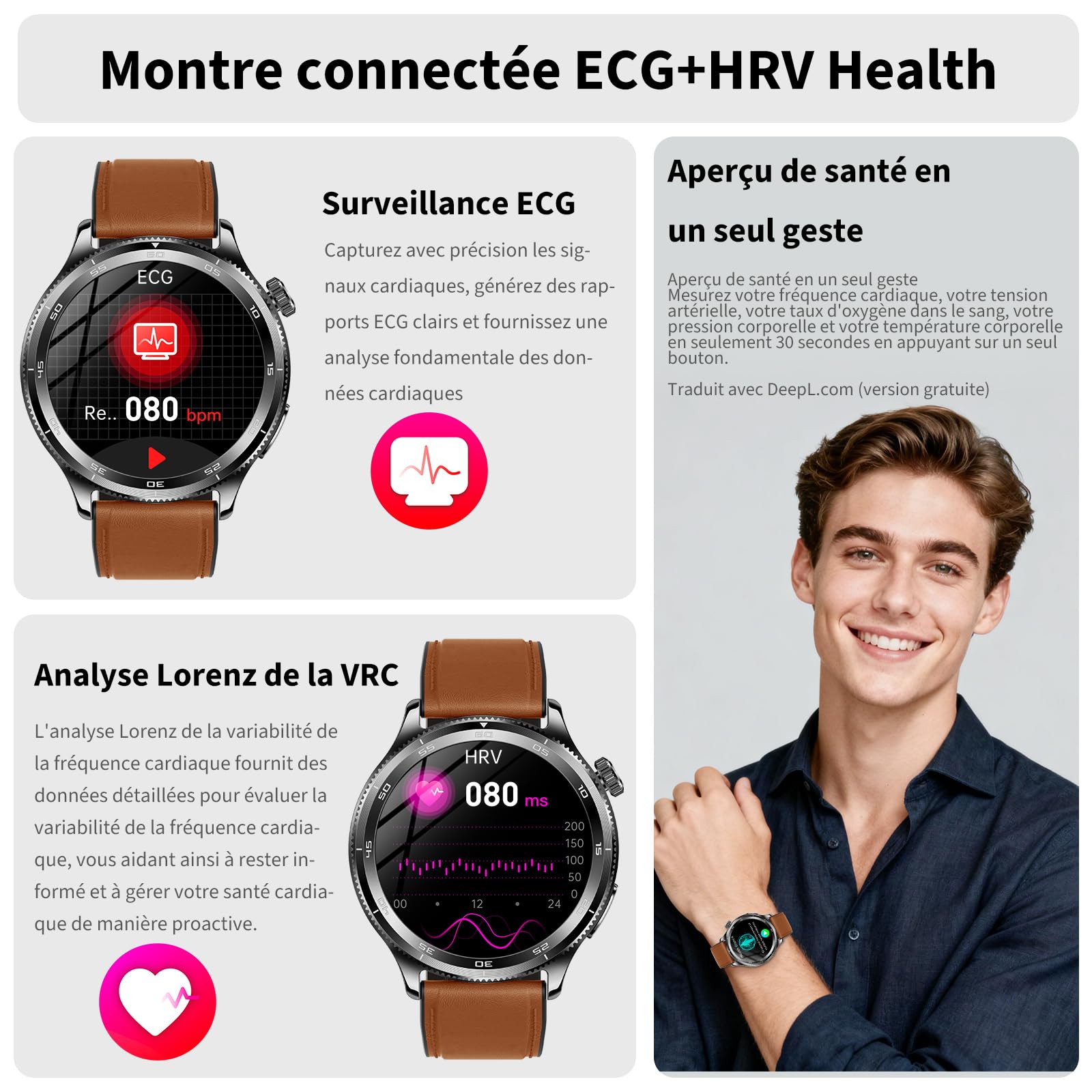Marsyu Montre Connectée Homme Femme ECG/Tension Artérielle/Cardio/Sommeil