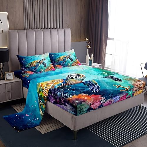 Erosebridal Juego de sábanas tamaño matrimonial de tortuga marina de dibujos animados, sábanas de teñido anudado arco iris, juego de sábanas