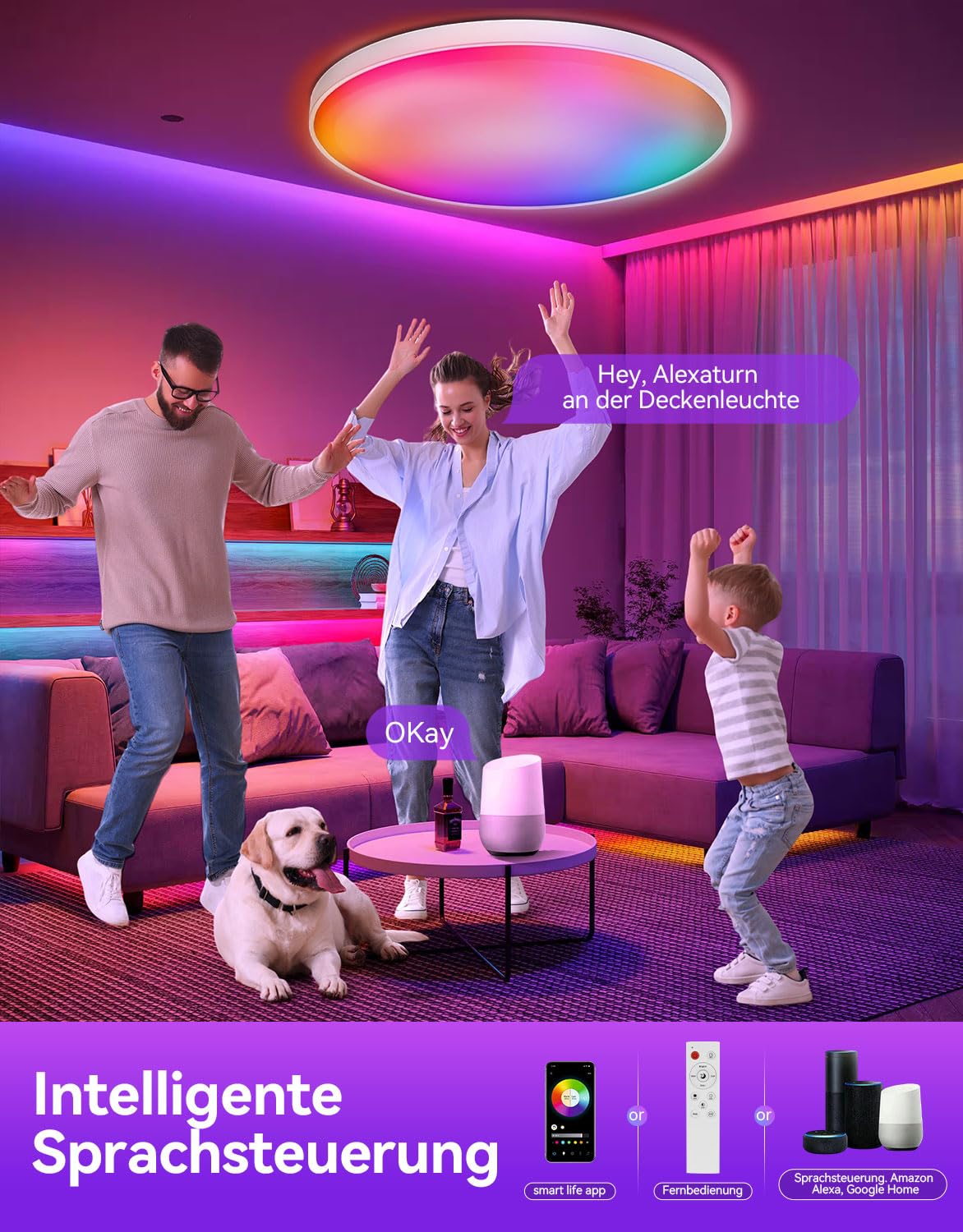 deckenleuchte led wohnzimmer 30W rgb deckenleuchte led dimmbar & Google Home 16 Millionen Farben, smart led deckenleuchte alexa kompatibel, Schlafzimmer, Küche,badezimmer