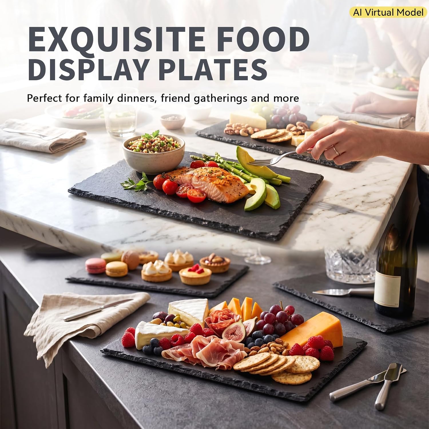 VIBRATITE 6 Pack Black Slate Cheese Boards, 12 x 8 Inch Charcuterie Plates