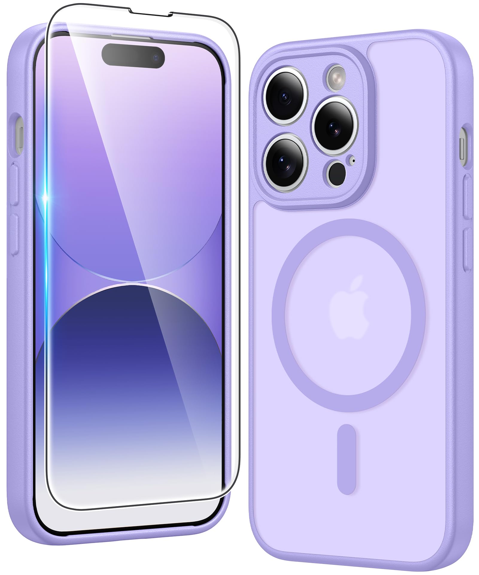 Photo 1 of FNTCASE for iPhone 14 Pro Case: Matte Magnetic Phone Cases with Screen Protector Compatible with Magsafe Slim Anti Yellowing Rugged Shockproof Protective Translucent Cell Phone Cover (C-Purple)