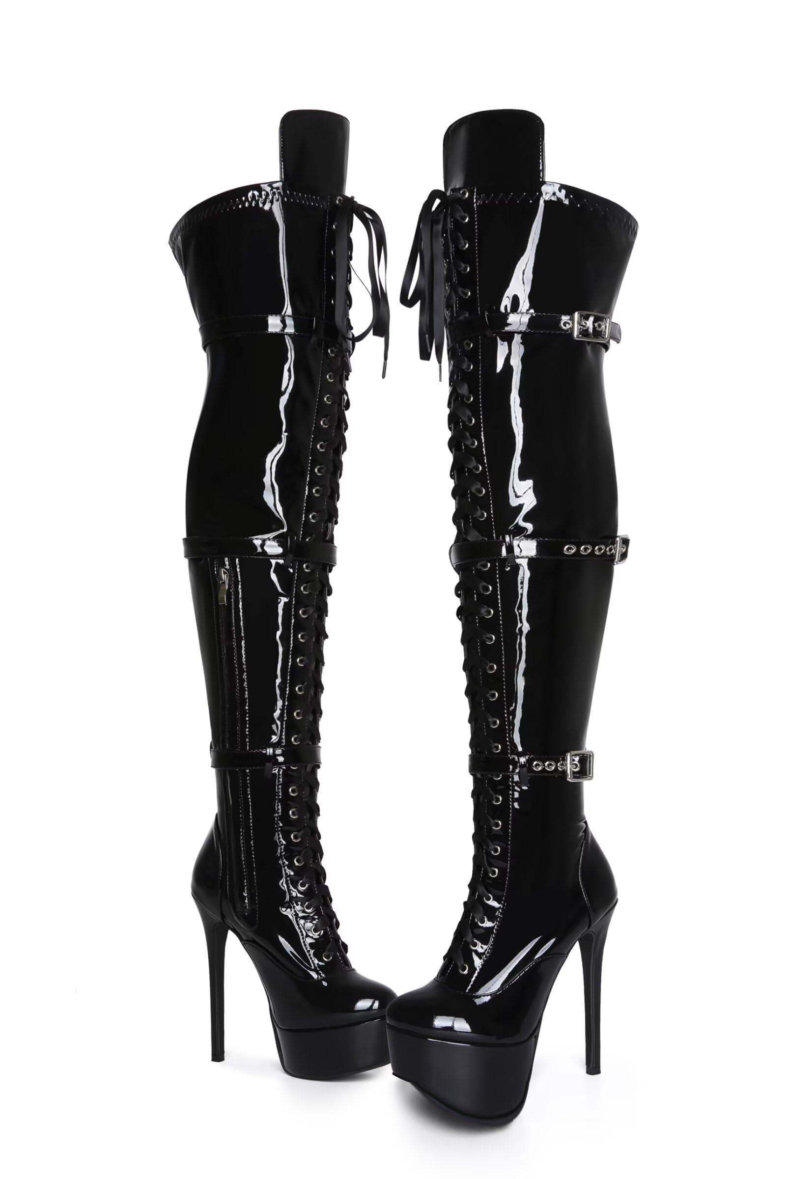 Frankie Hsu Botas largas de tacón alto con plataforma de aguja sexy por encima de la rodilla, cinturón de cinta de charol negro, elástico ajustable, muslo, talla grande, talla grande US5-19, zapatos