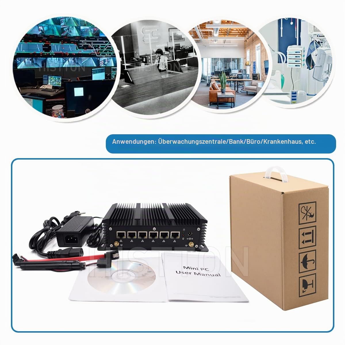 HISTTON Lüfterloser Firewall PC, Firewall Hardware, OPNsense, VPN, Network Security Appliance, Router PC, Core i5-8265U 8GB DDR4 256GB SSD, AES-NI, 6 x 2,5GbE I225-V/1GbE I210 LAN, HD, Auto Power An