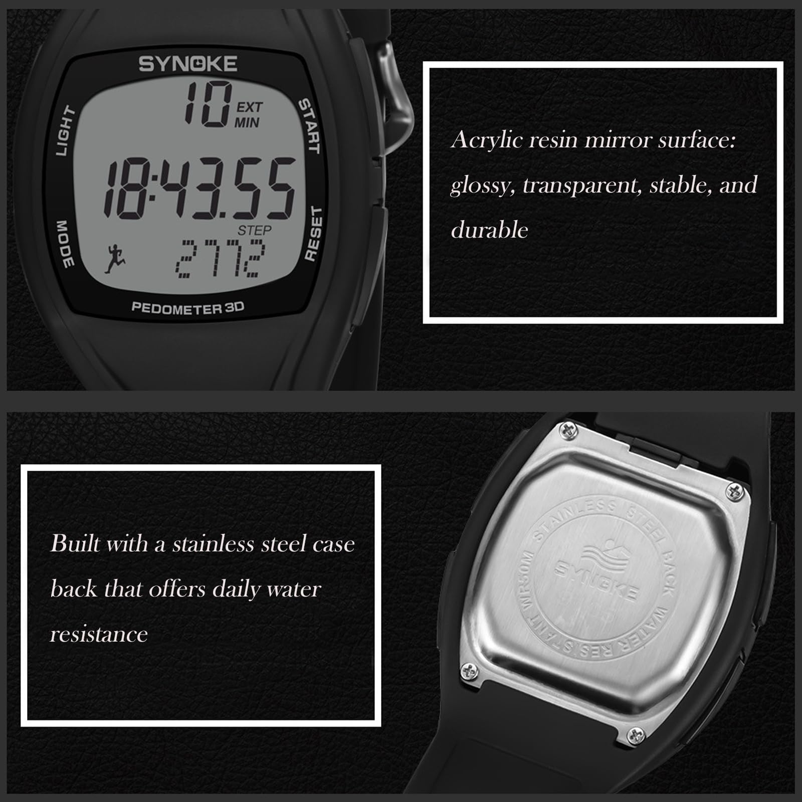 Reloj digital con pulsera contador de pasos con podómetro, sin aplicación, sin Bluetooth, Negro, M, F108WH-1ACF