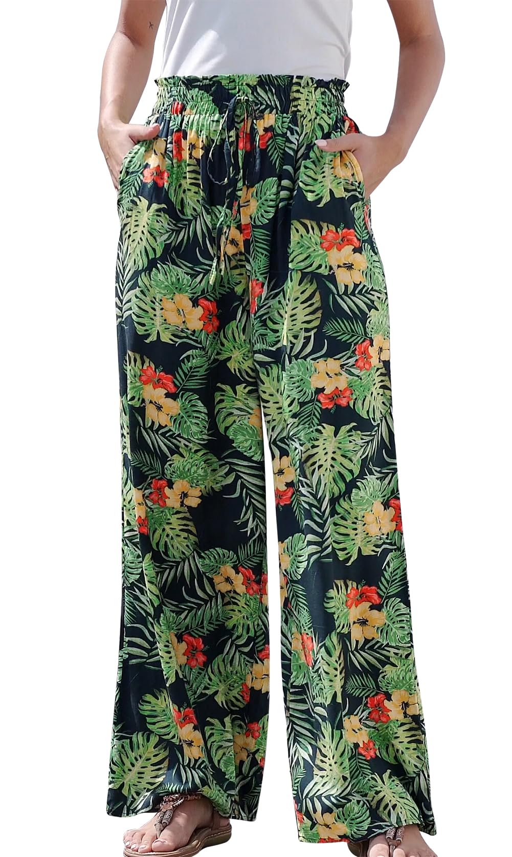 YUTILA Damen Sommerhose Weite High Waist Strandhose Boho Leichte Luftig Freizeithose mit Taschen Palazzo Hose Einfarbig & Muster