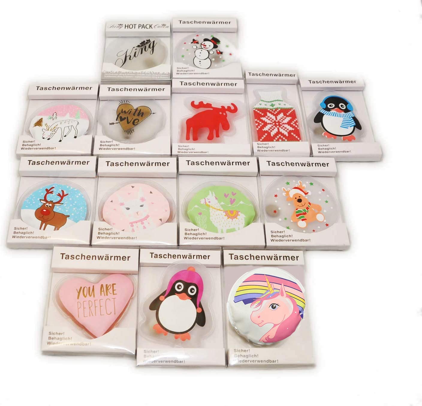 10er Set Taschenwärmer Handwärmer Elch Schneemann Eisbär Wärmflasche Herz Lama Pinguin Nikolaus (wechselnde Motive)