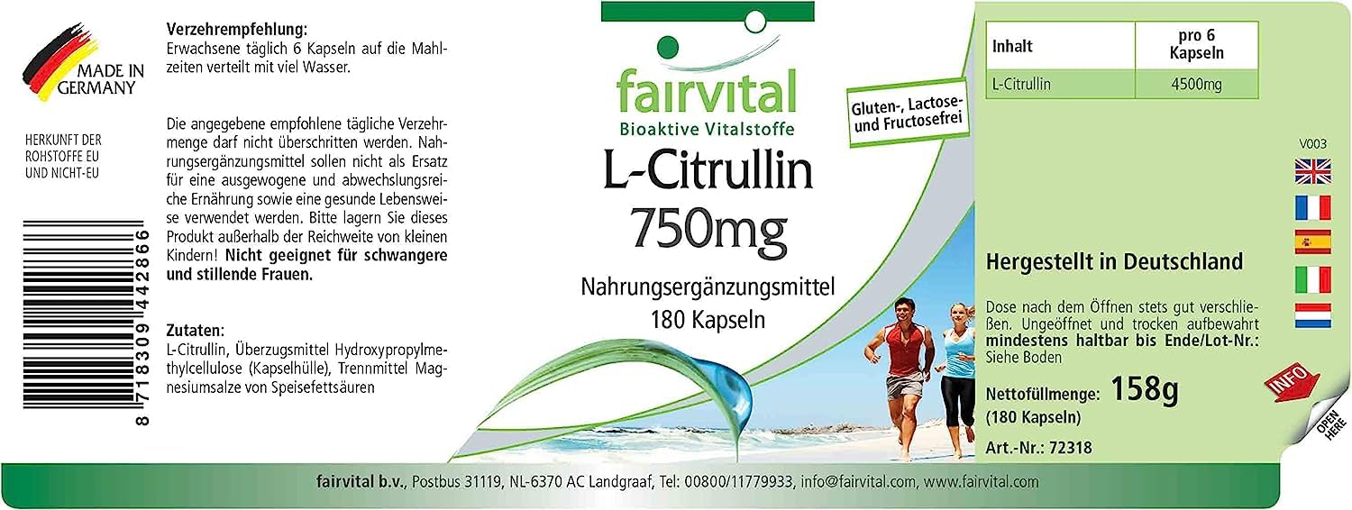 fairvital L-Citrullin Kapseln 750mg, HOCHDOSIERT, VEGAN, 180 Kapseln