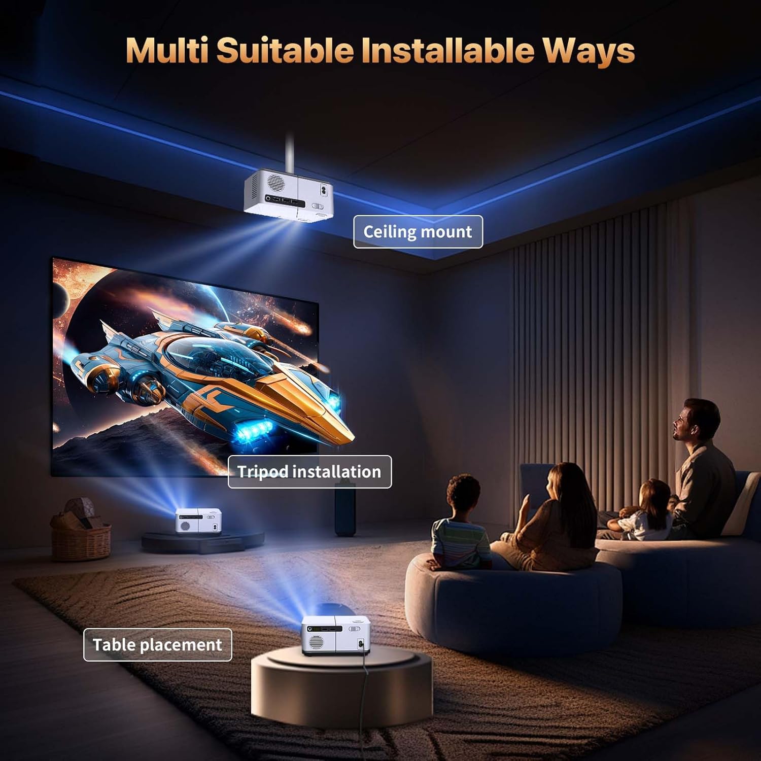 Diagram showing different installation methods for the VenirCool P1 Mini Projector: table placement, tripod installation, and ceiling mount.