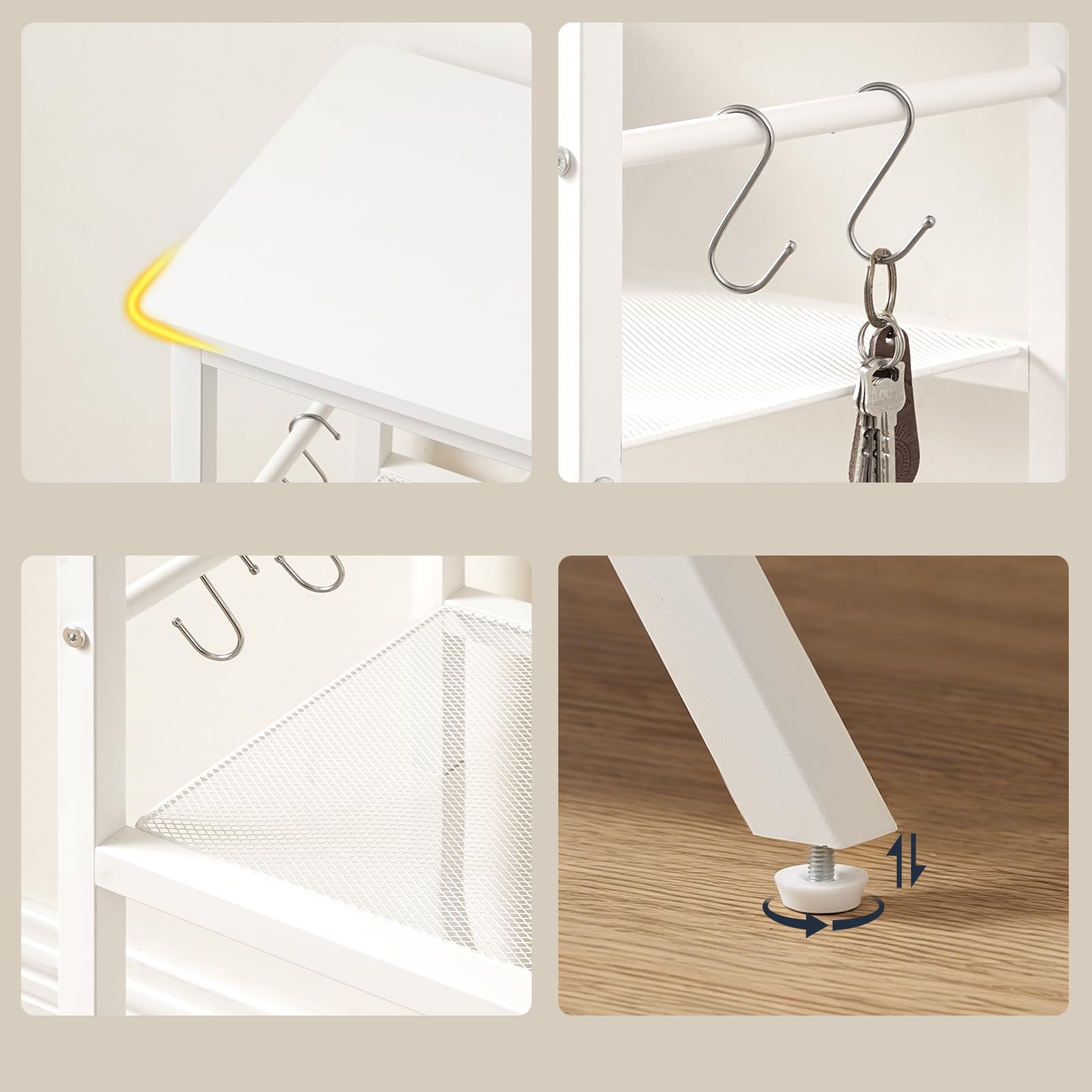 HOOBRO Mesa de Consola de 3 Niveles, Estantería Estrecha con Marco Metálico, 80 x 30 x 74 cm, Mesa Auxiliar para Sofá, Mueble de Entrada con Pies Ajustables y Ganchos, Pasillo, Salón, Blanco EWW63XG01