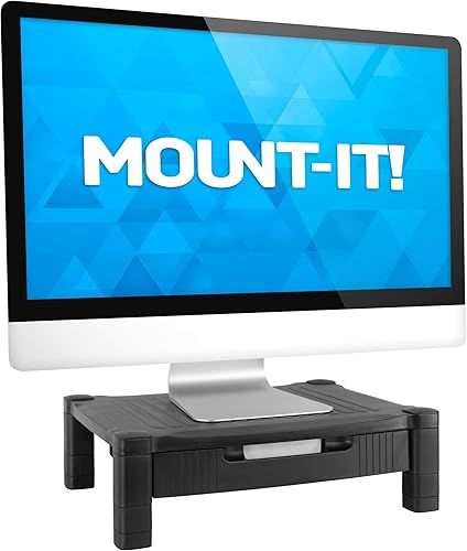 Mount-It! Elevador de monitor con cajón | Soporte de monitor de altura ajustable con almacenamiento deslizante de tres filas | Elevador para