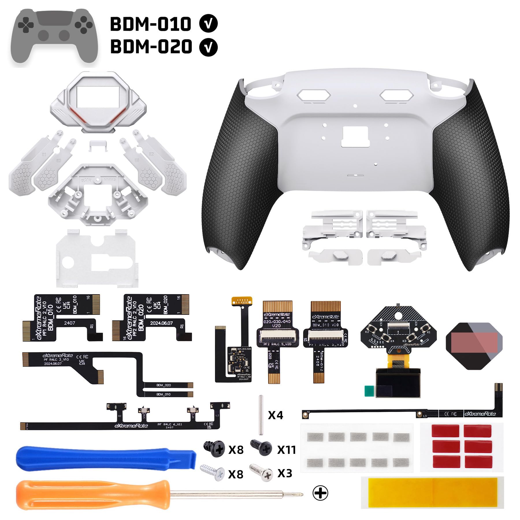 eXtremeRate SPARK Tasti Posteriori Kit per ps5 Controller BDM 010 020, Display OLED + Clicky Trigger Stop + Grip Ergonomici, 4 Palette Rimappabili Accessori per ps5 Joystick, Bianco