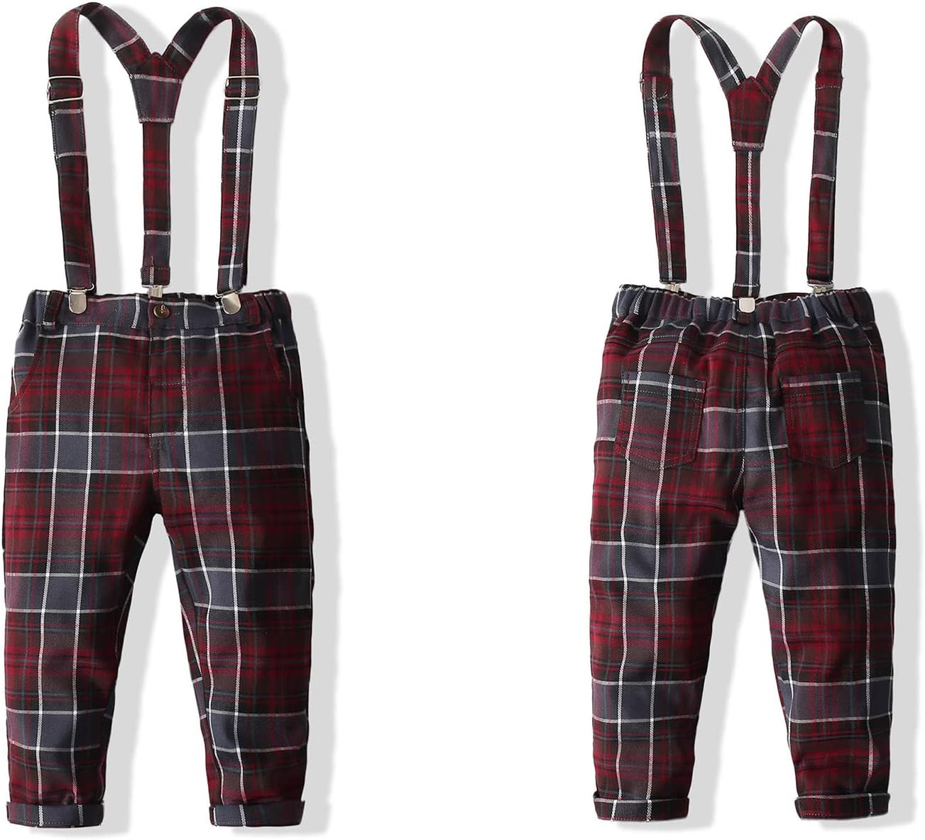 Kimocat Toddler Boy Clothing Sets Plaid Shirt Bowtie and Suspender Strap Pants Outfits