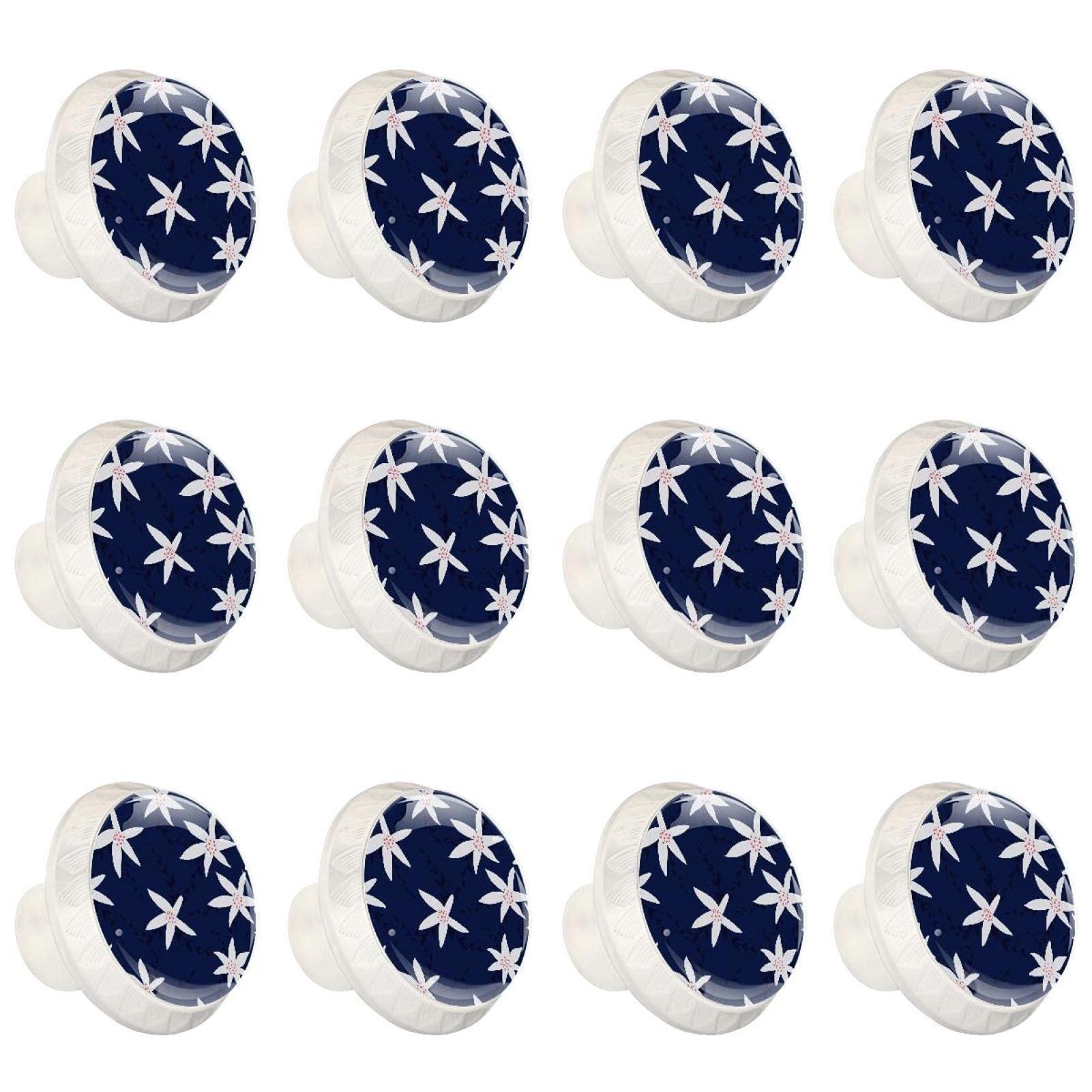 Boutons de cuisine ronds à motif floral blanc et bleu marine pour placard x12