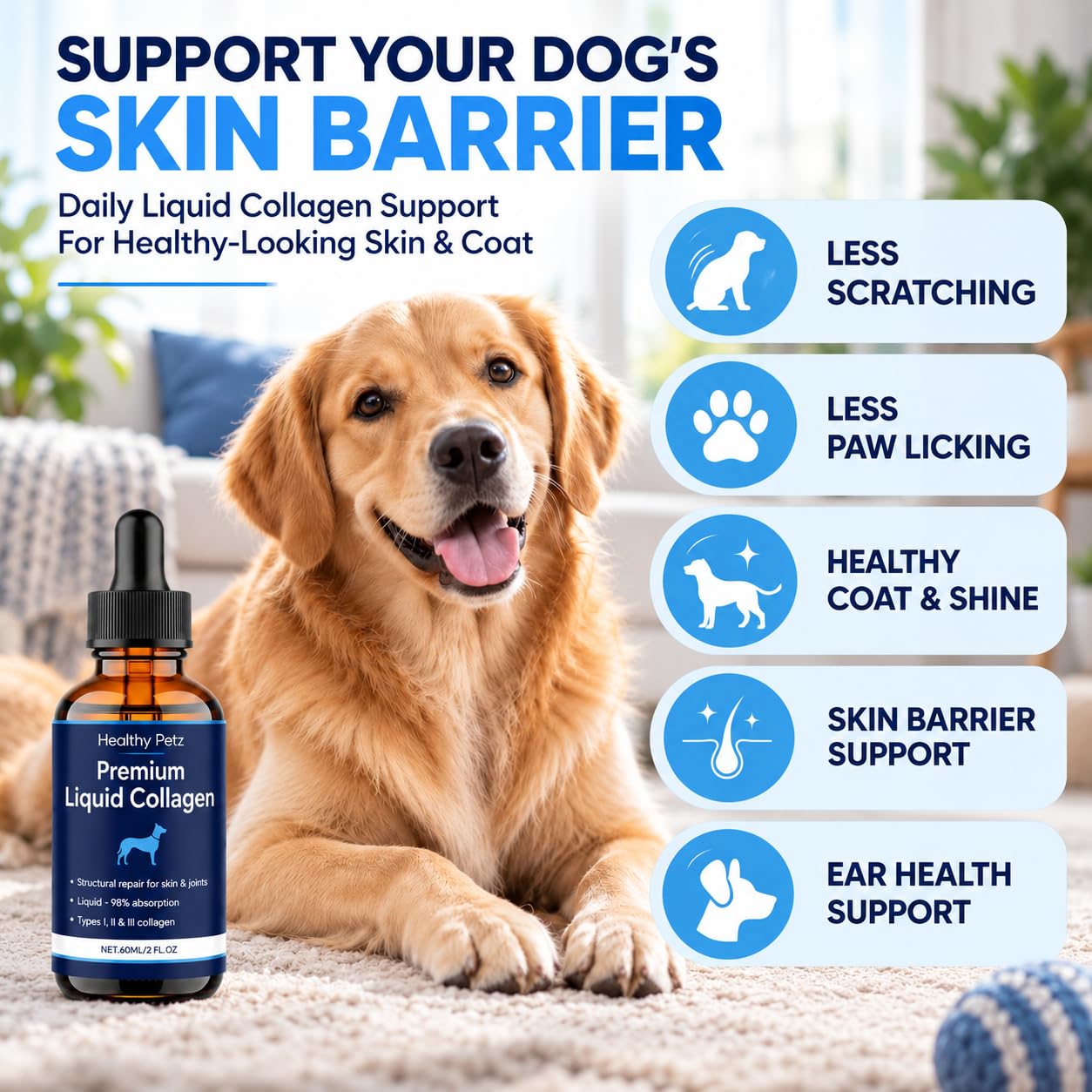 Premium Liquid Collagen for Dogs, Hydrolyzed Collagen Supplement for Skin & Coat, Skin Barrier & Ear Wellness Support, with MSM, Hyaluronic Acid & Vitamin C, 2 Fl Oz — Amazon image 2
