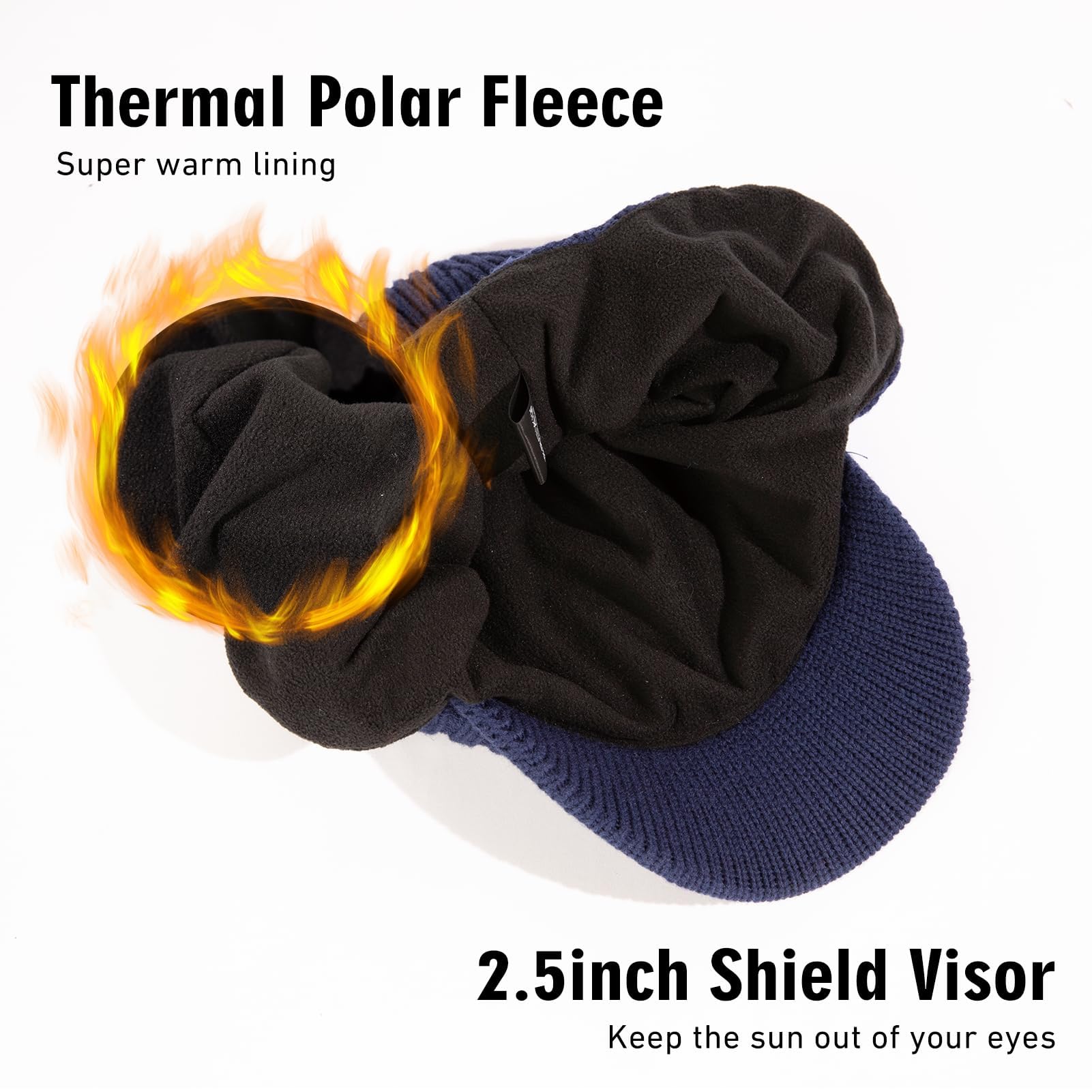 TOP-EX DryKnit - Gorro de lana merino impermeable 80% para hombre, con orejeras y forro polar, gorro térmico de invierno con ala resistente al viento para golf, correr, M/L, azul marino