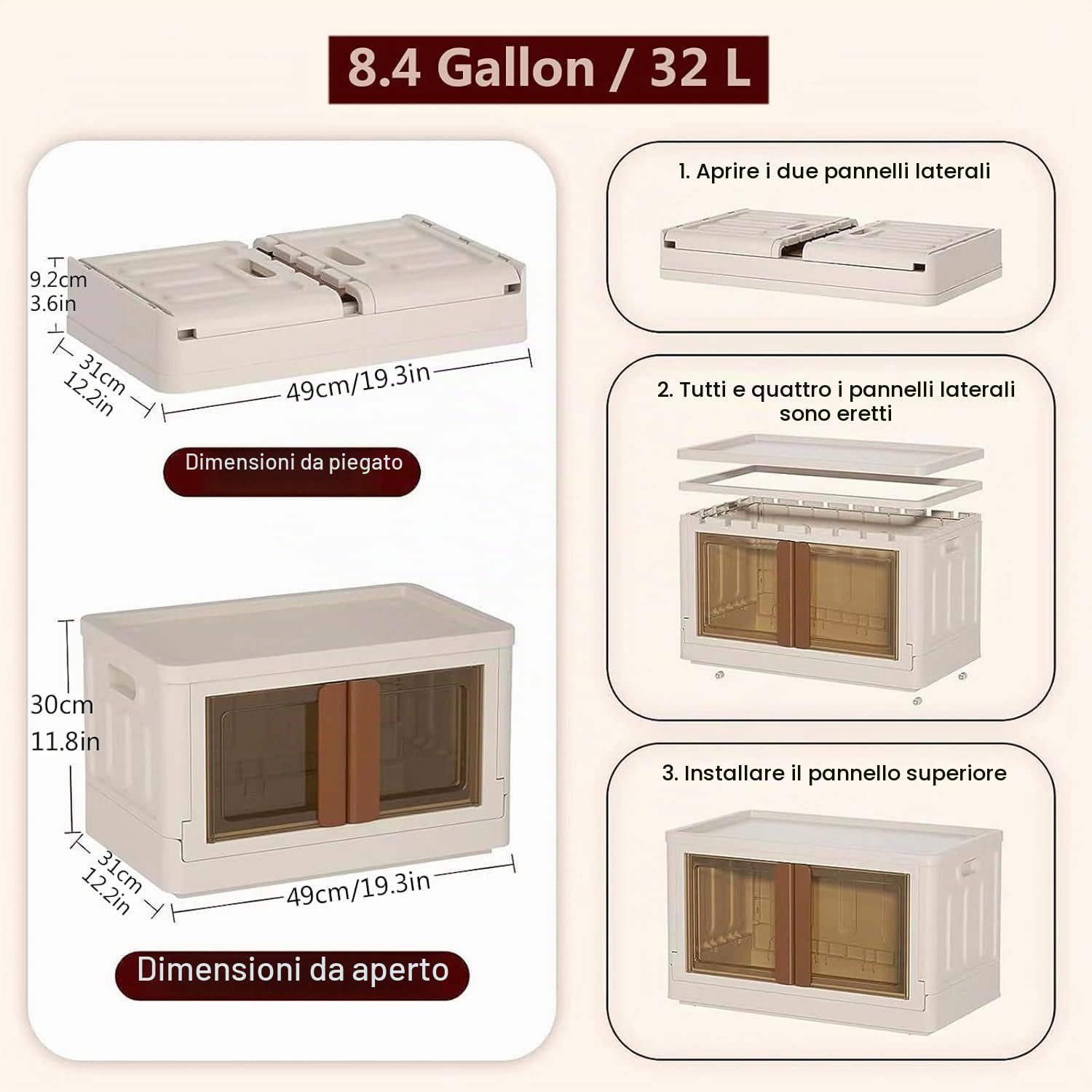 Oceano Scatola di Immagazzinaggio Pieghevole con Ruote e Doppia Apertura Contenitore Impilabile Plastica Robusta con Sportelli Trasparenti Organizer Salvaspazio per Vestiti Giocattoli 49x31x30cm 32l