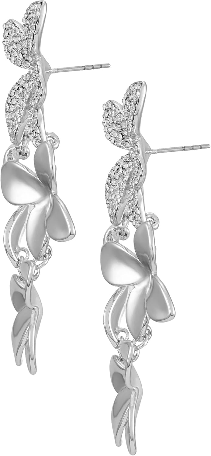 GUESS Silvertone Crystal Stone Floral Linear Drop Earrings
