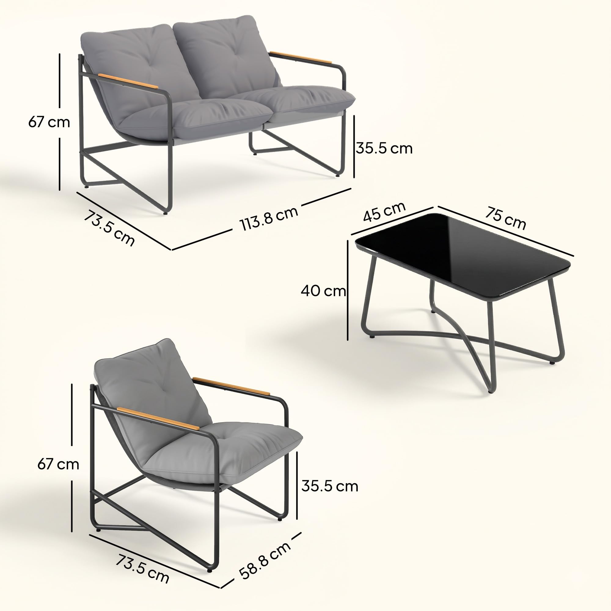 Outsunny Set Salotto da Giardino 4 Pezzi, Mobili da Esterno in Metallo con Divano 2 Posti, Poltrone e Tavolino in Vetro, Grigio Chiaro