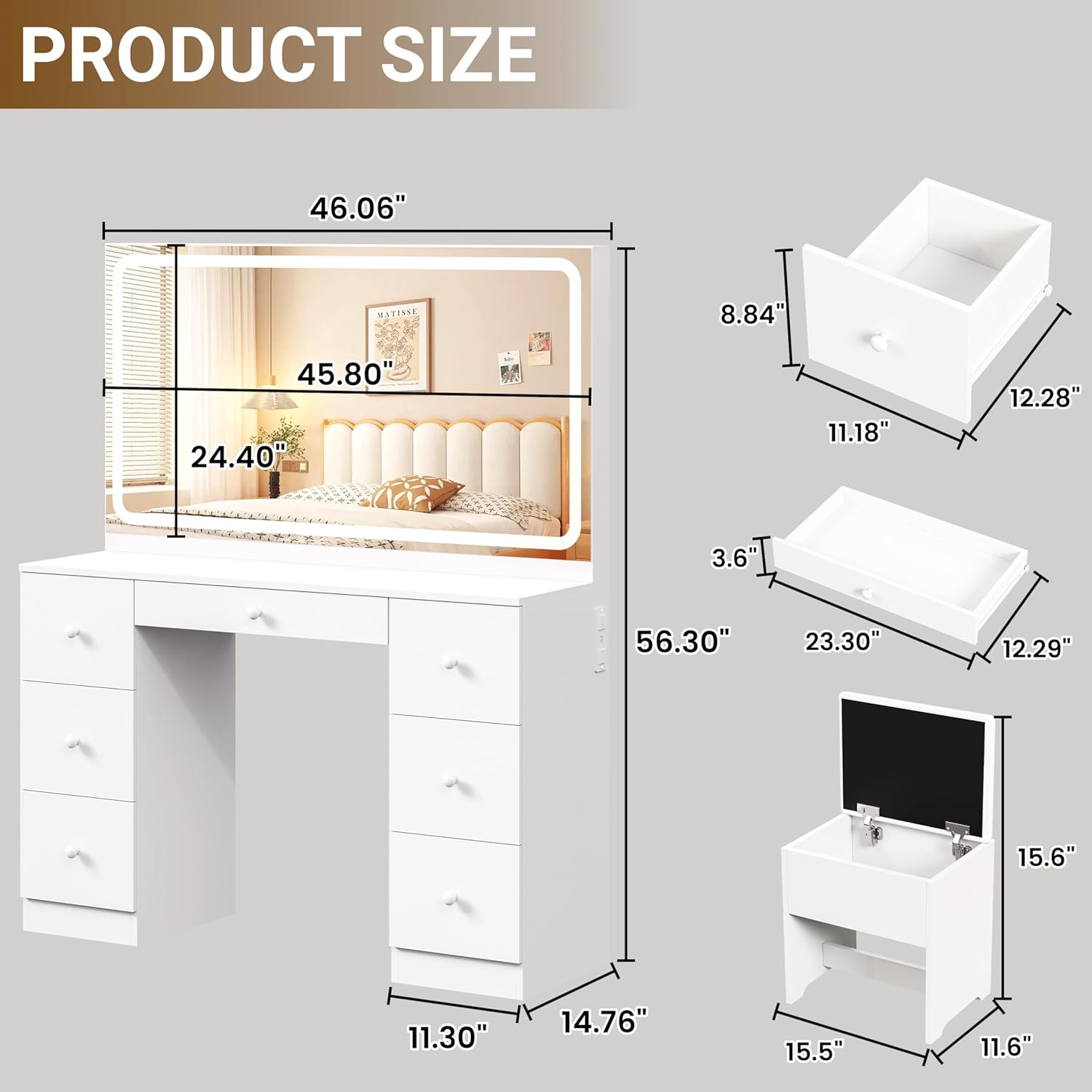 Vanity Desk with 46" HD Lighted Mirror, Large Makeup Vanity Table Set with 3 Lighting Modes & Charging Station, Modern Dressing Table with 7 Storage Drawers & Stool for Bedroom Women Girls, White