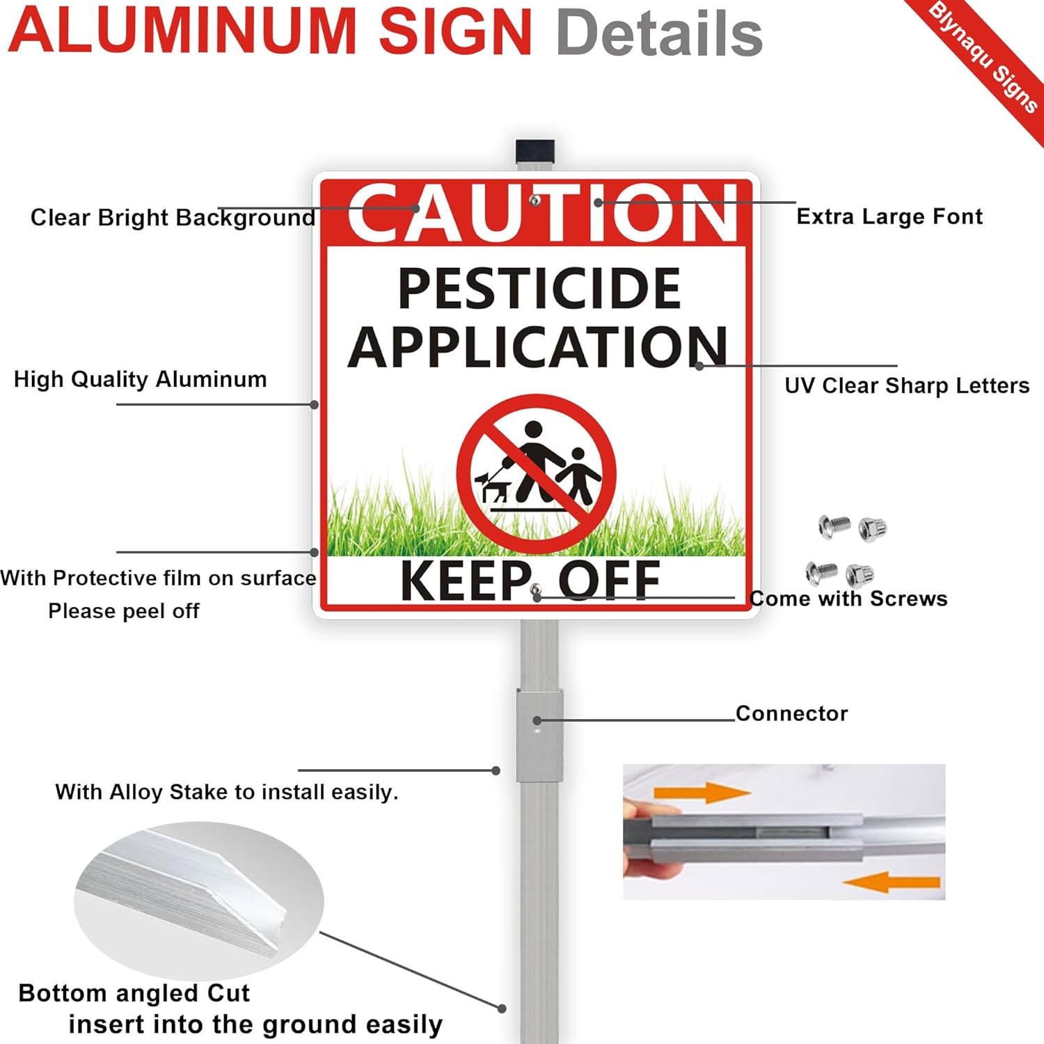 Pesticide Application Warning Sign with 28" Metal Stakes, 10 x 10 inches Keep Off Grass Yard Sign, Aluminum, UV Protected, 2-Pack