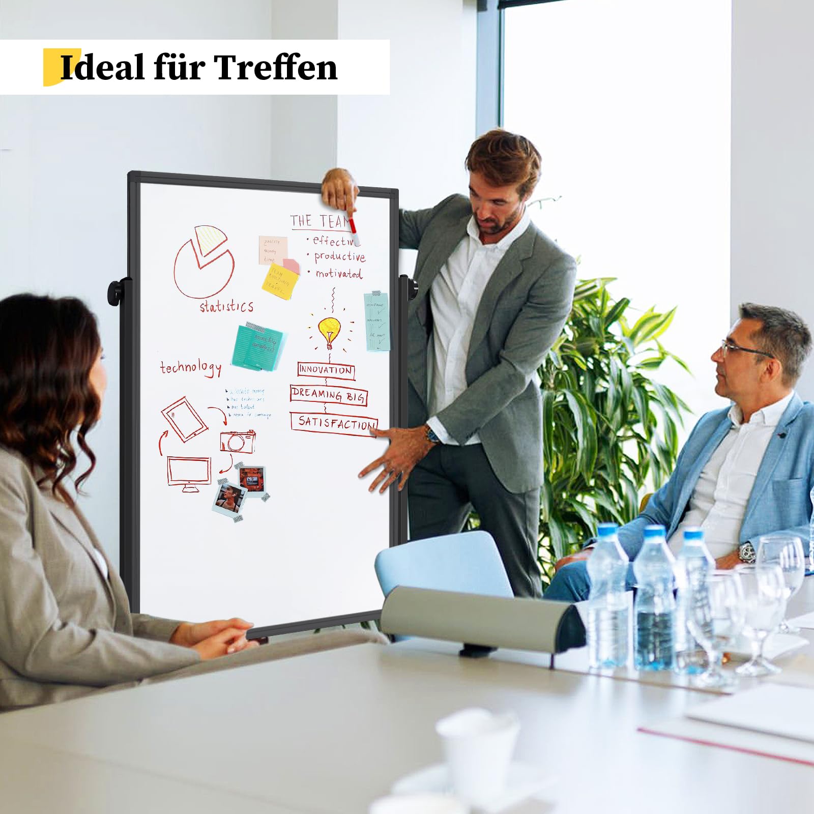 maxtek Lavagna bianca mobile nera 120 x 80 cm, altezza regolabile su entrambi i lati, lavagna magnetica con supporto, per ufficio, aula e casa