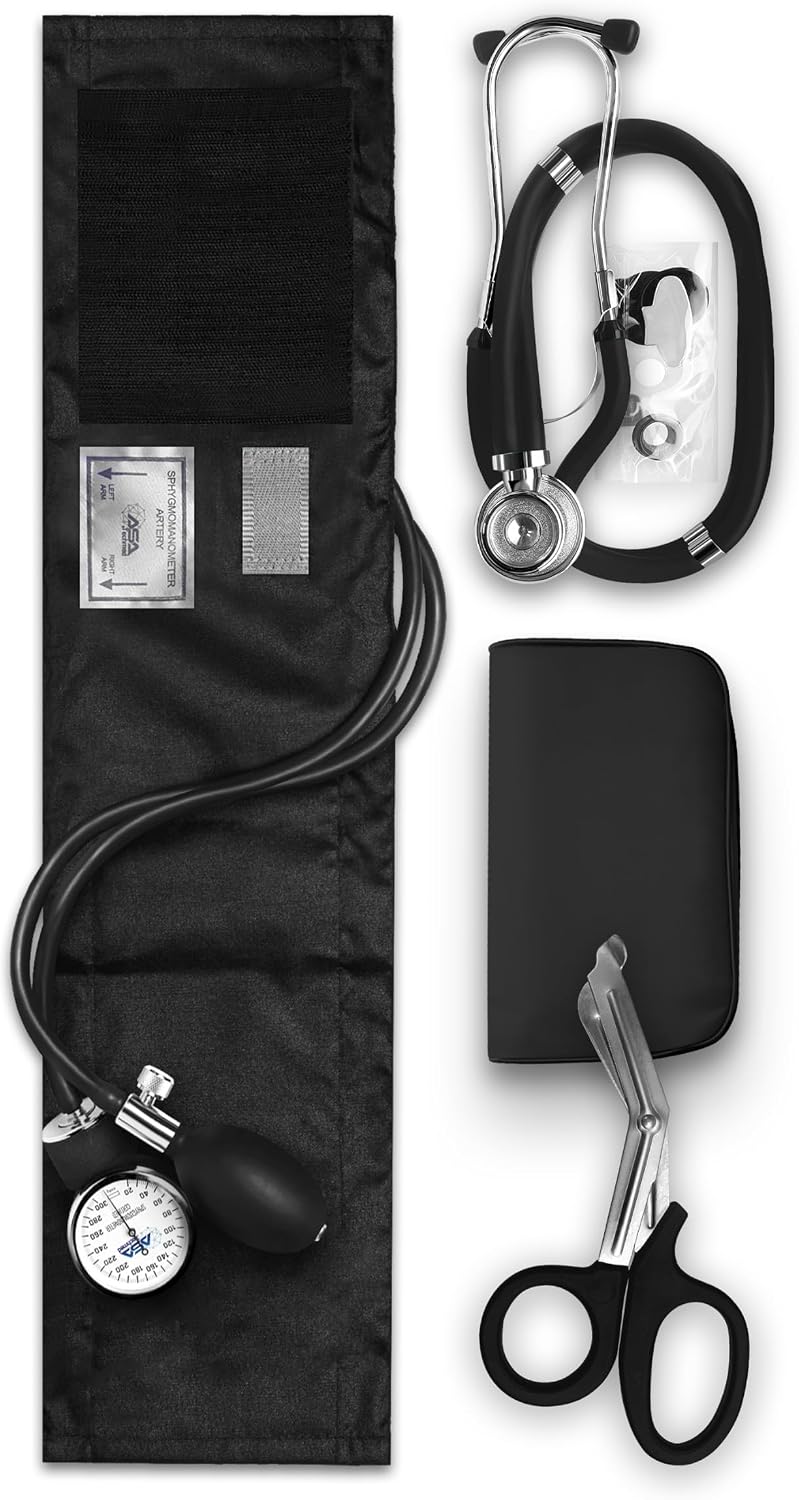 ASA TECHMED Nurse EMT Starter Pack Stethoscope, Blood Pressure Monitor and Trauma 7.5" EMT Shear Ideal Gift for Nurses, Medical Students, Firefighters, Police and Personal Use (Black) Standard