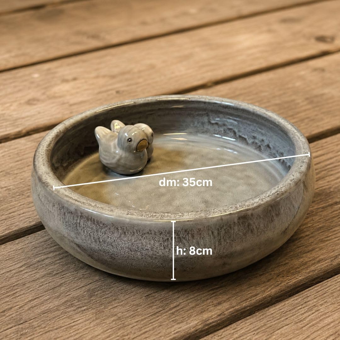 Glasierte Vogeltränke 35 cm aus Keramik – hochgebrannte Gartenschale für Vögel, Vogelbad & Wasserschale, hochwertige Vogeltränke in Grün oder Cappuccino, 8 cm hoch (grau)