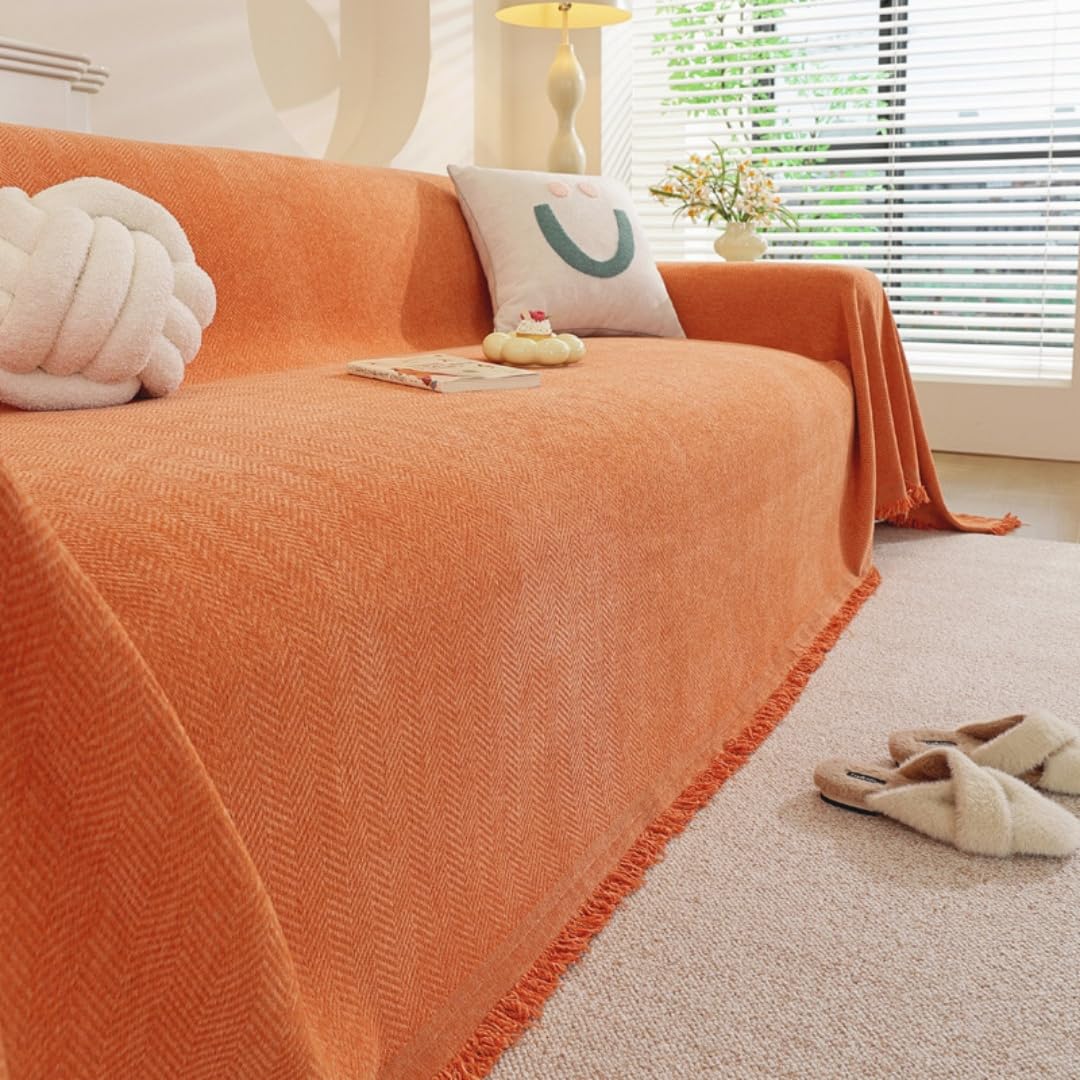 Highdi Chenille Sofa Throws Large Ersatile Soft Throw Blanket with Tassels, Solid Color Extra Large Throws for Settees Couch, Sofa, Bed, Armchair (Orange,180x180cm)